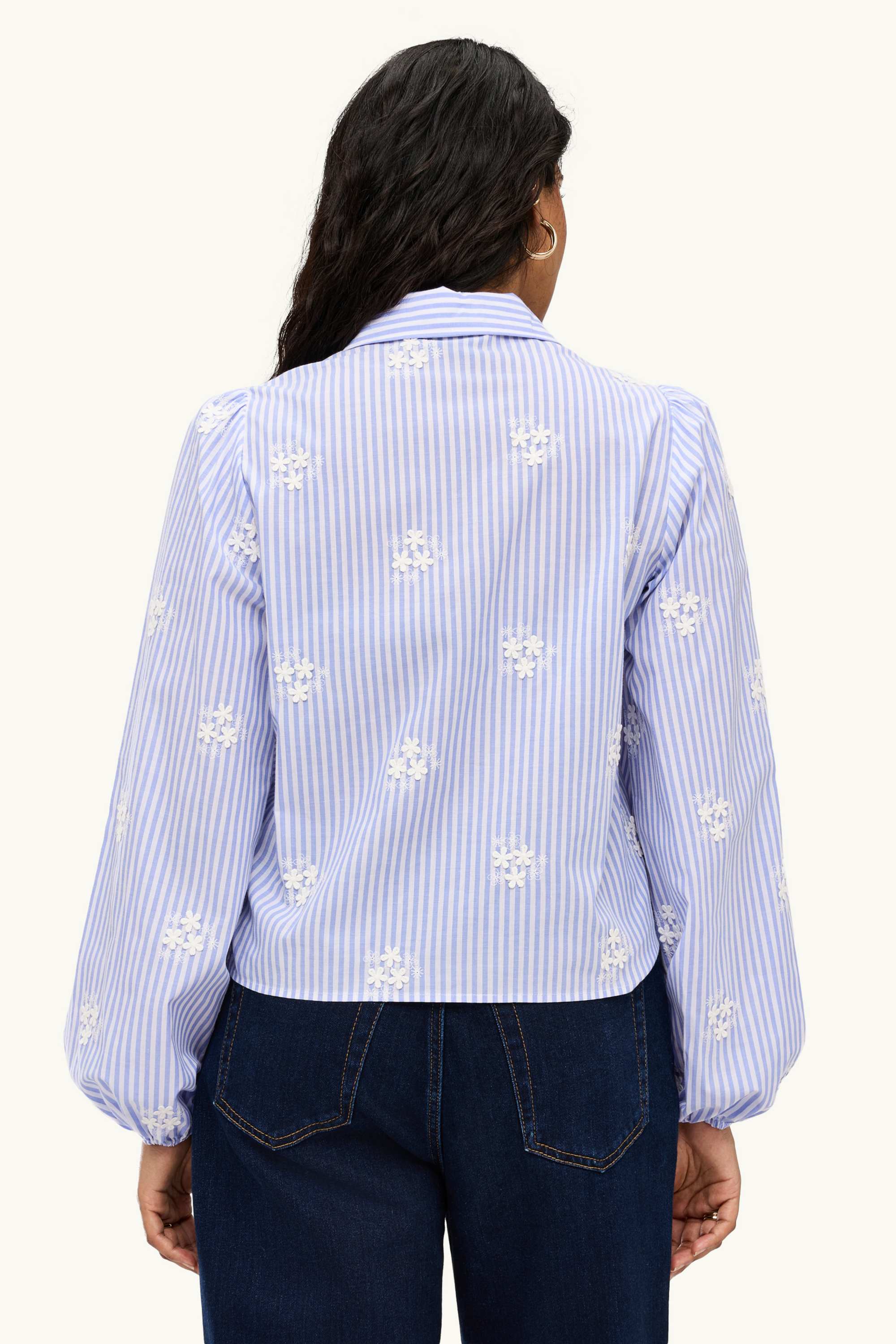 Shirt blouse - embroidered - striped - floral blue / white