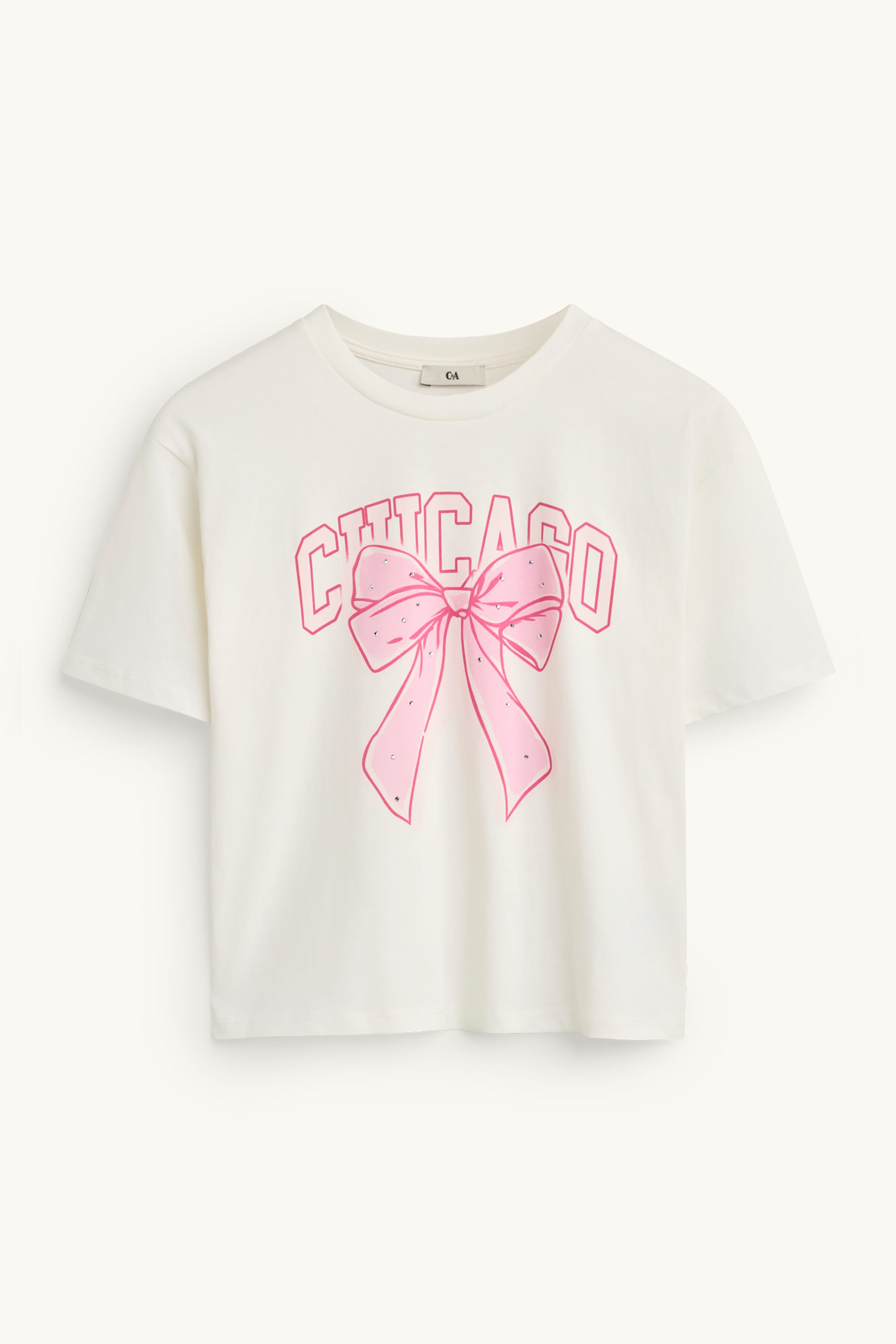 Chicago and bow - short sleeve T-shirt with rhinestones white / pink