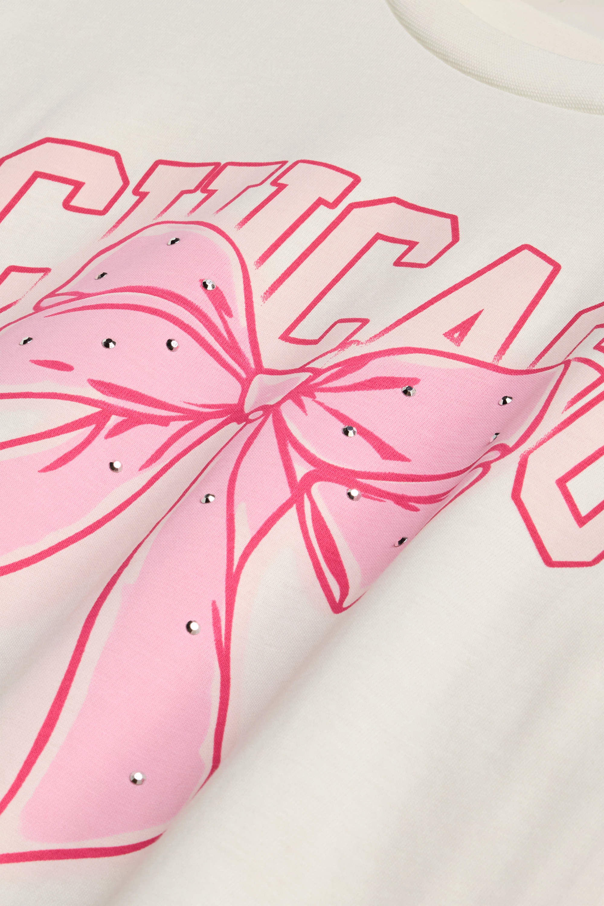 Chicago and bow - short sleeve T-shirt with rhinestones white / pink