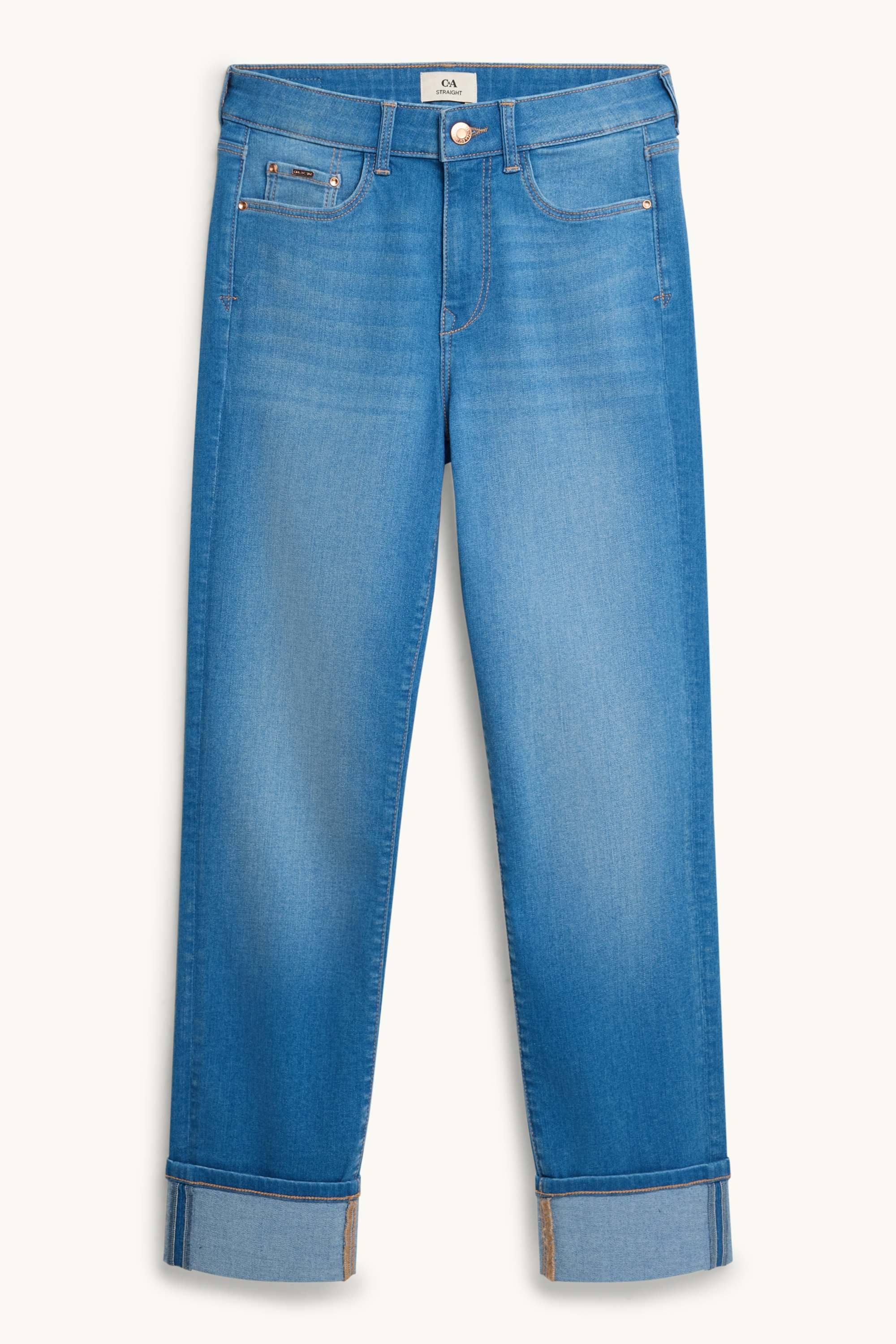 Cropped straight jeans - mid-rise waist blue denim