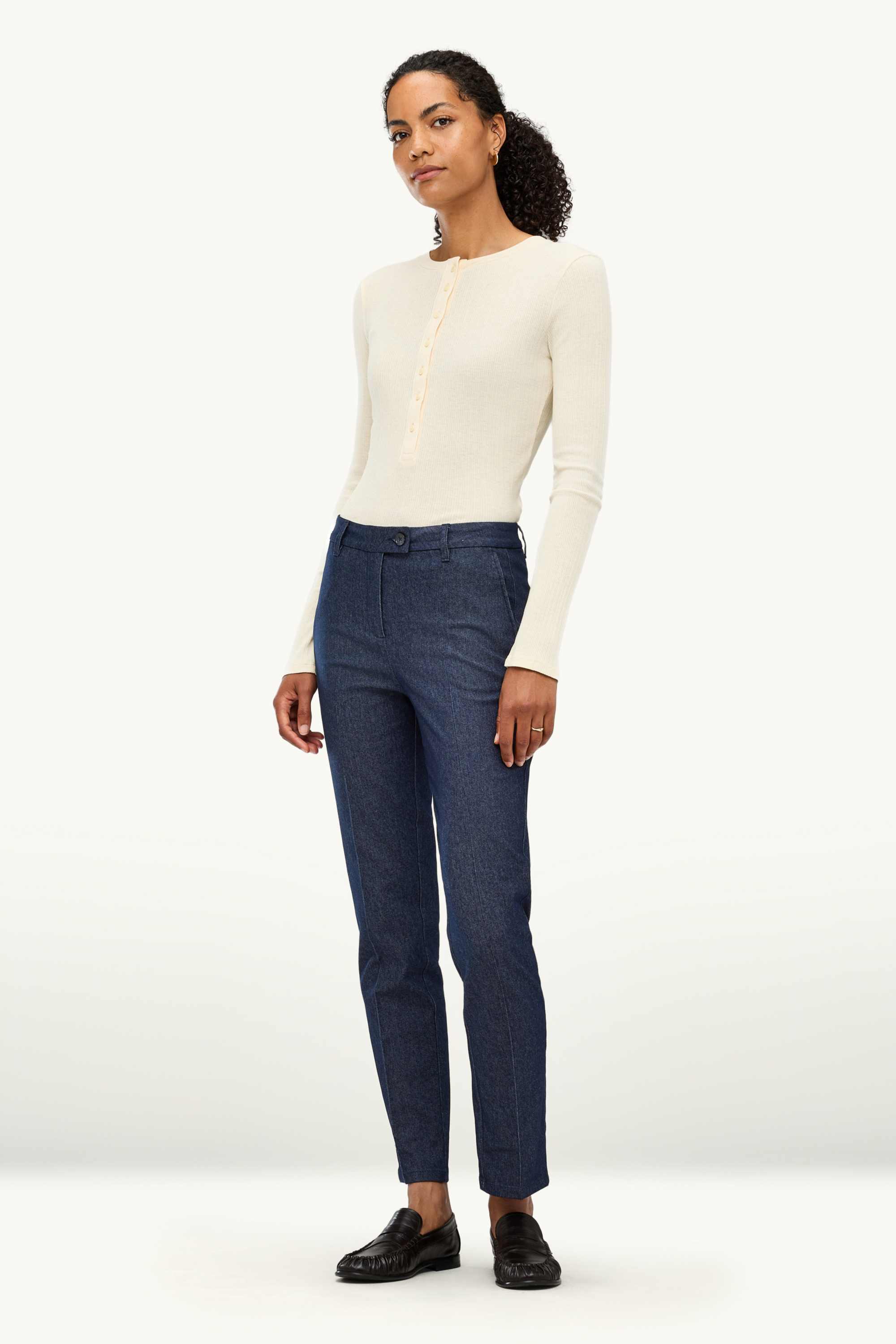 Cloth trousers - mid-rise waist - tapered leg - denim look dark blue