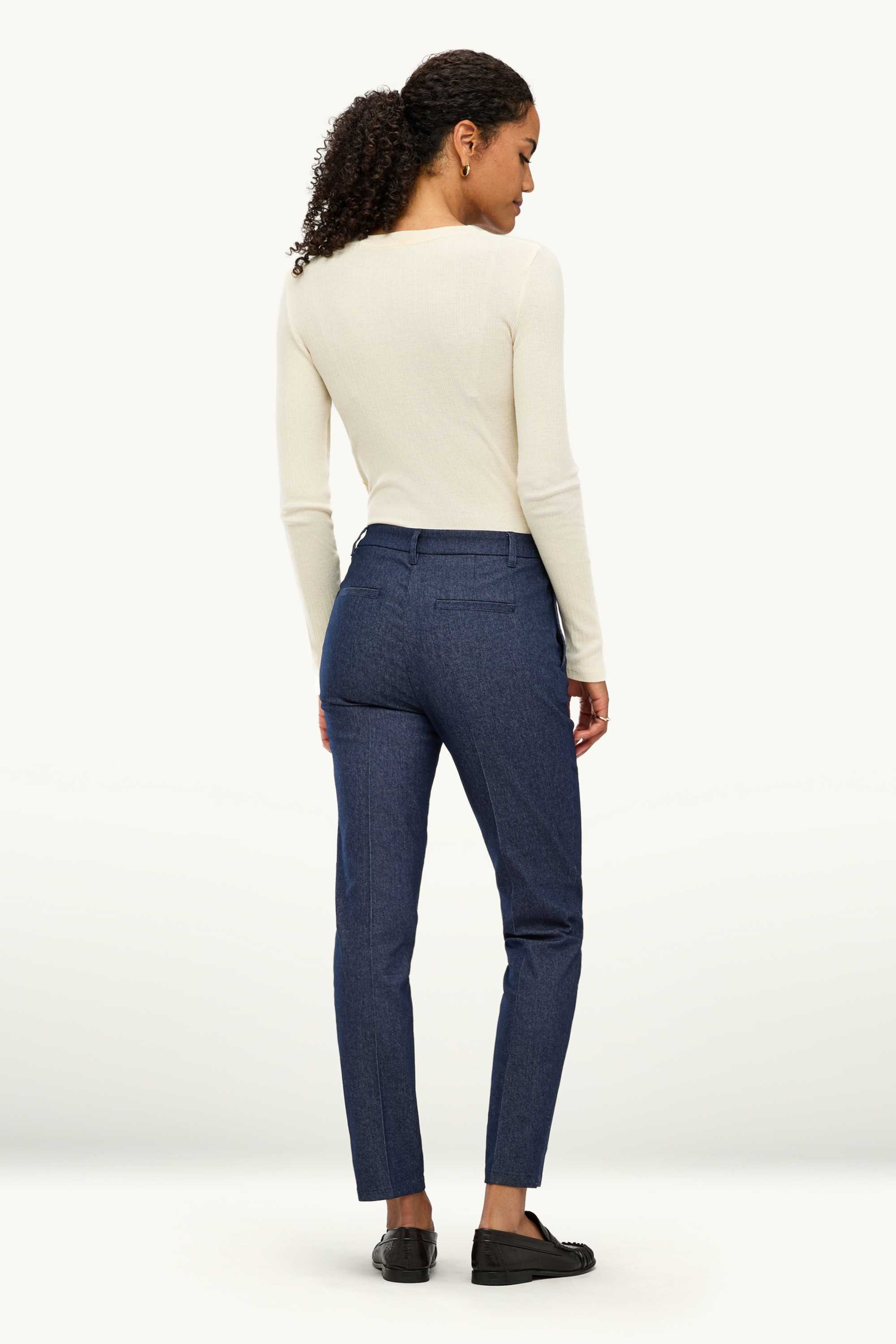 Cloth trousers - mid-rise waist - tapered leg - denim look dark blue