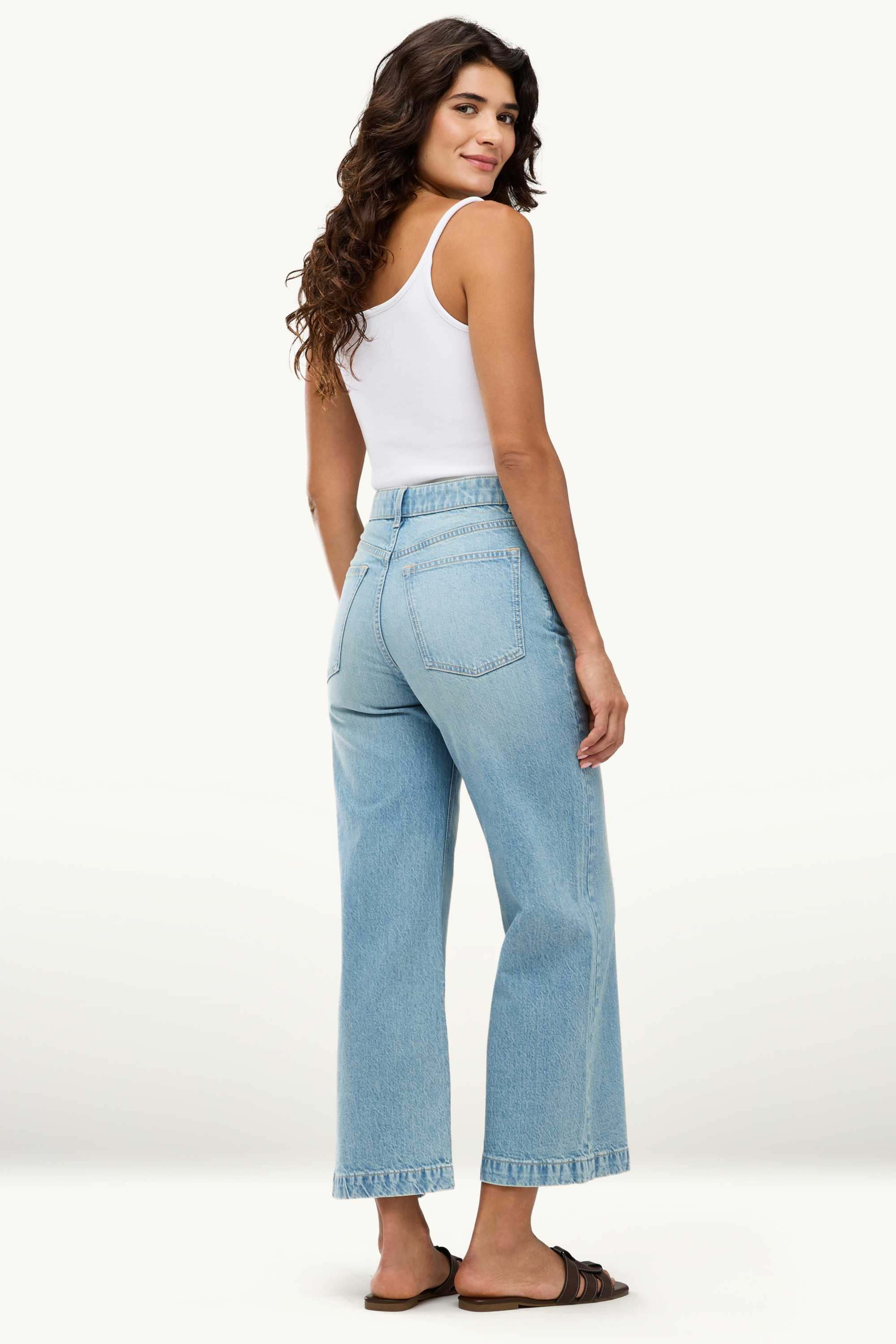 Cropped wide leg jeans - mid-rise waist denim-light blue (1)