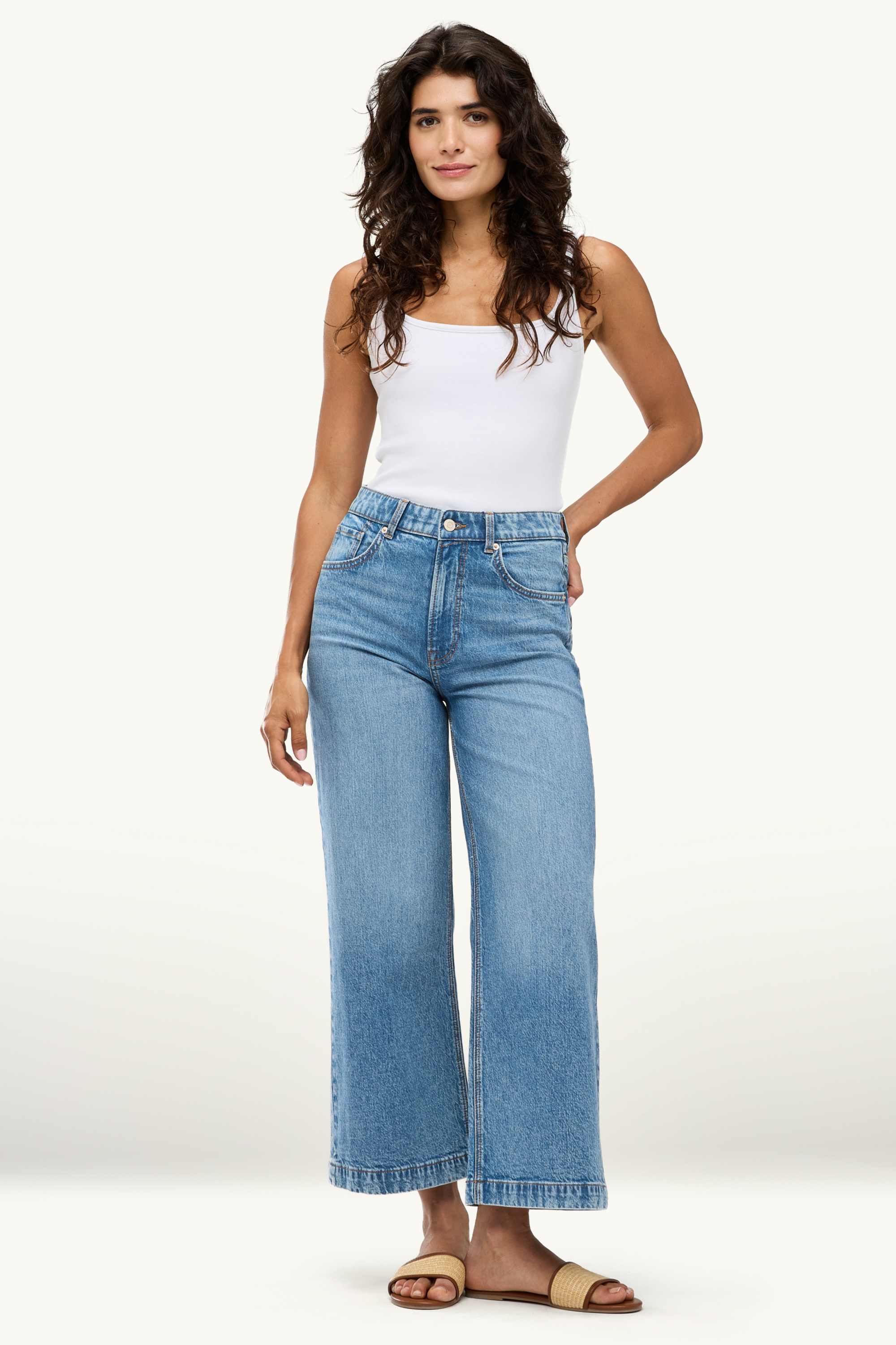 Cropped wide leg jeans - mid-rise waist denim-light blue (2)