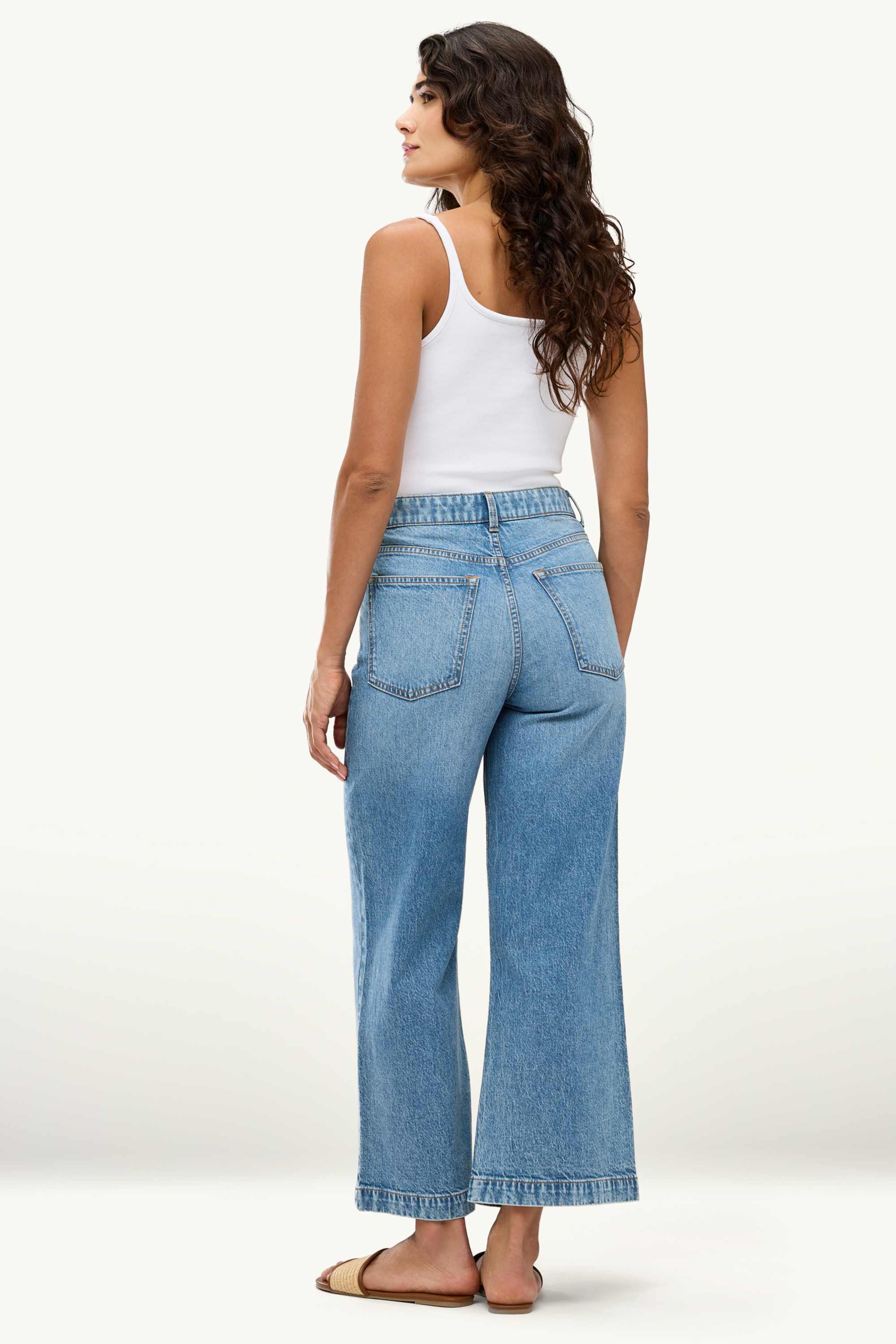 Cropped wide leg jeans - mid-rise waist denim-light blue (2)