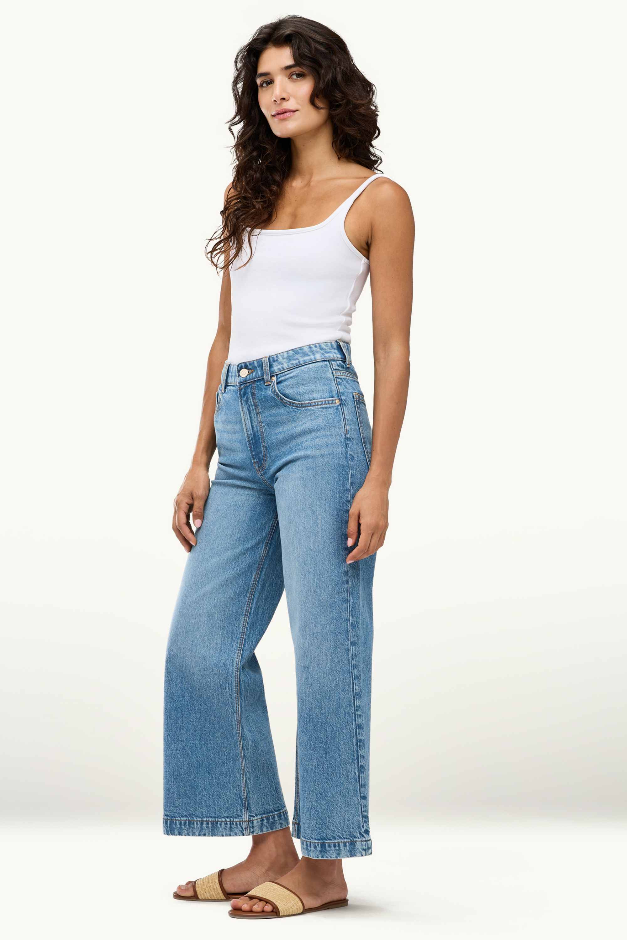 Cropped wide leg jeans - mid-rise waist denim-light blue (2)