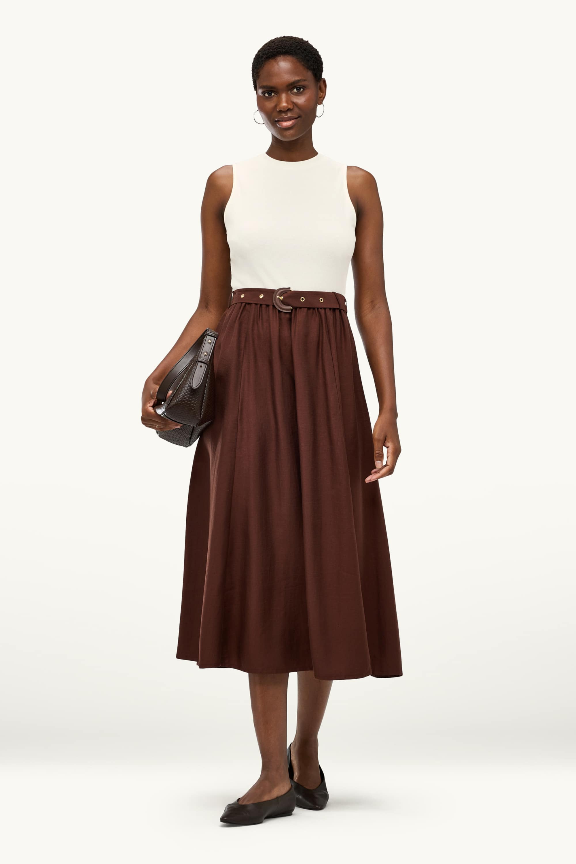 Fit & flare dress with belt brown / cremewhite