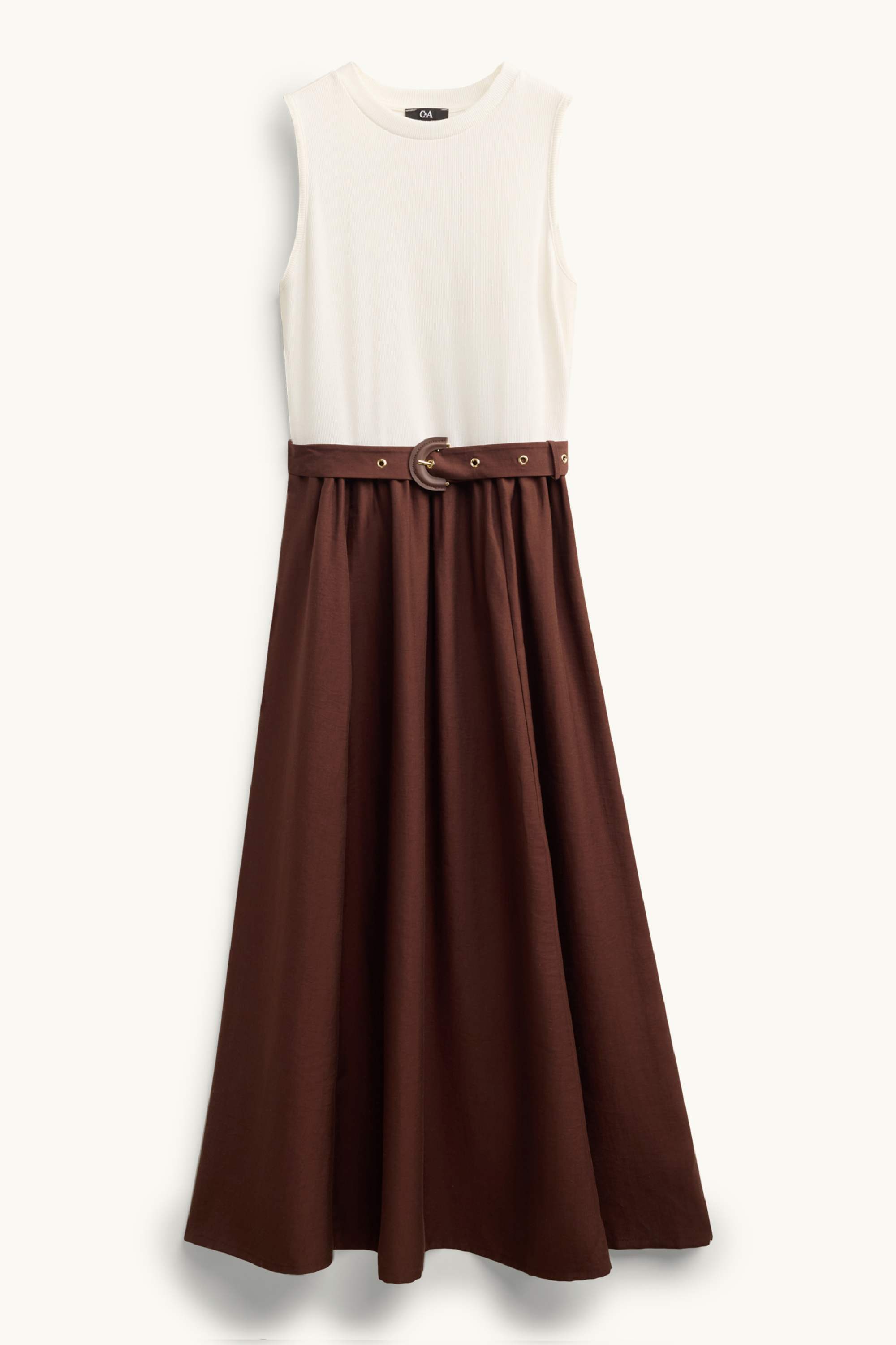 Fit & flare dress with belt brown / cremewhite