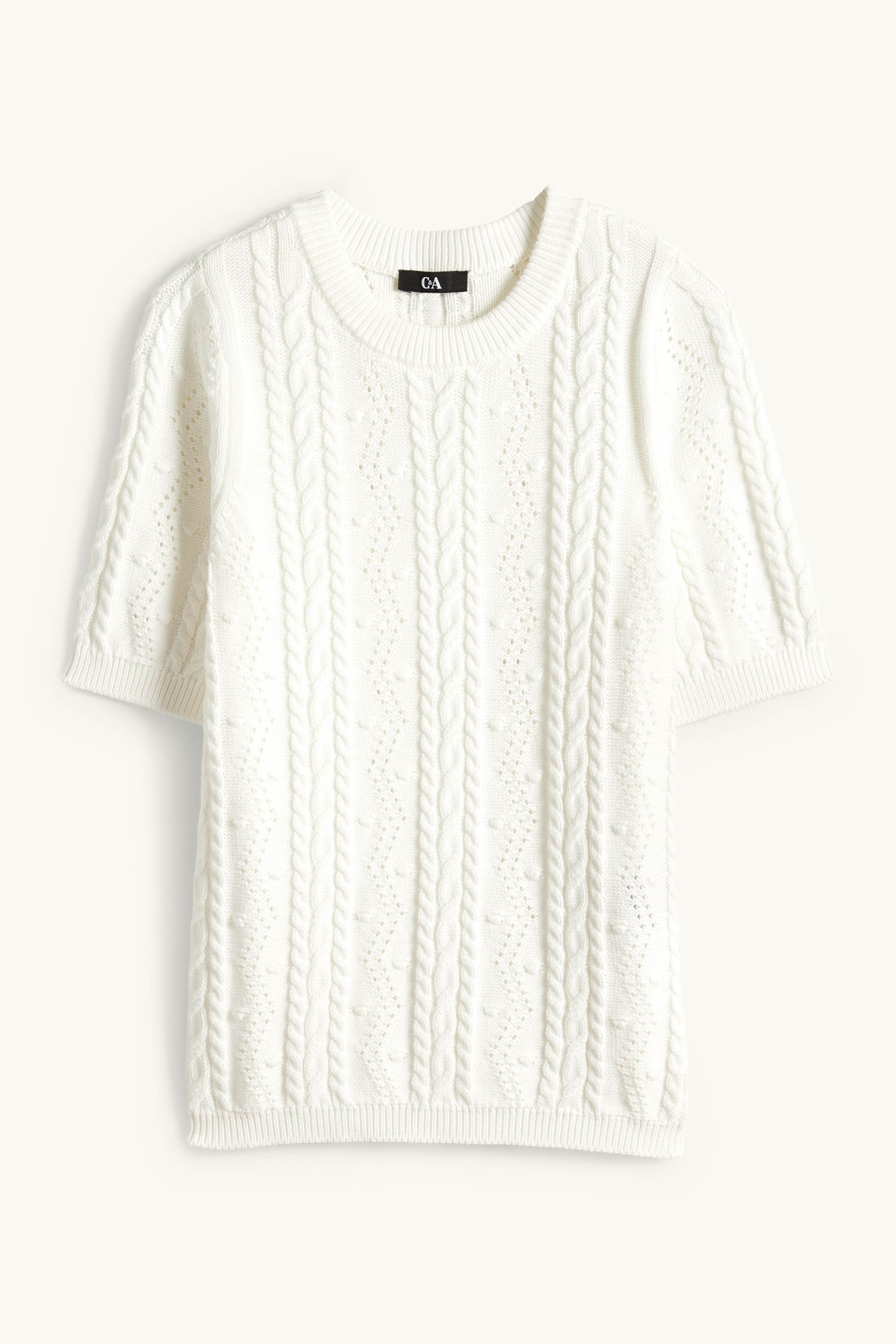 Knitted jumper - short sleeve - cable knit pattern white