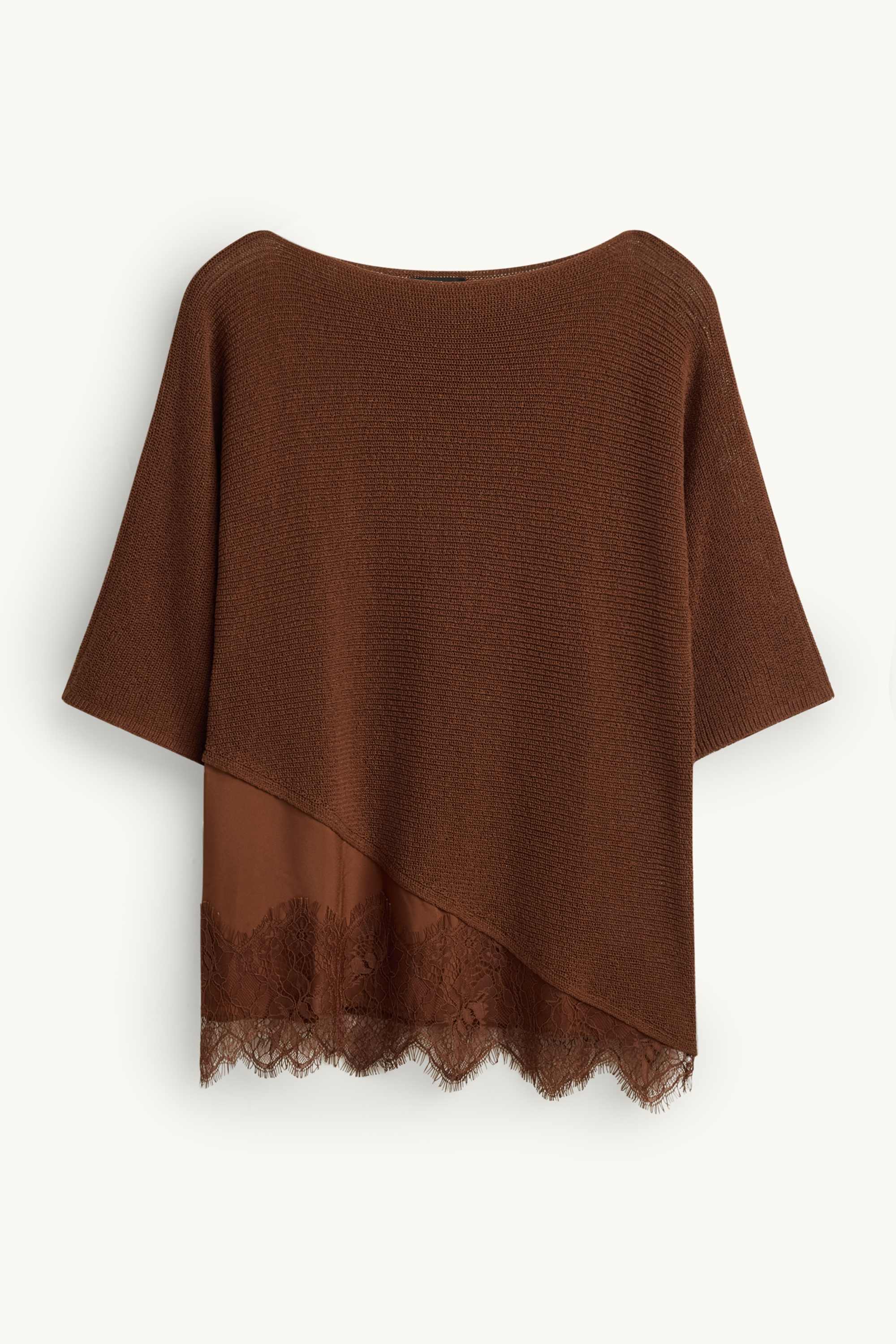 Knitted jumper - short sleeve - ribbed brown