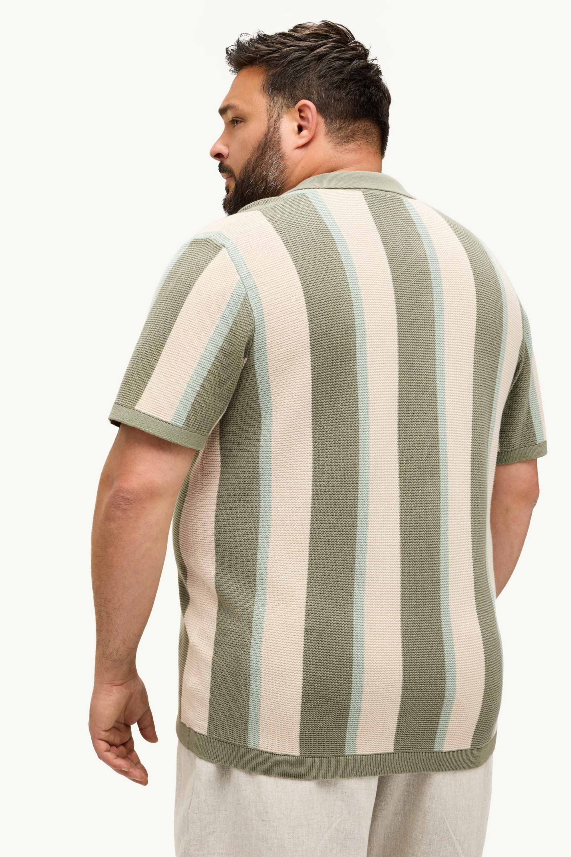 Knitted polo shirt - regular fit - striped - textured green