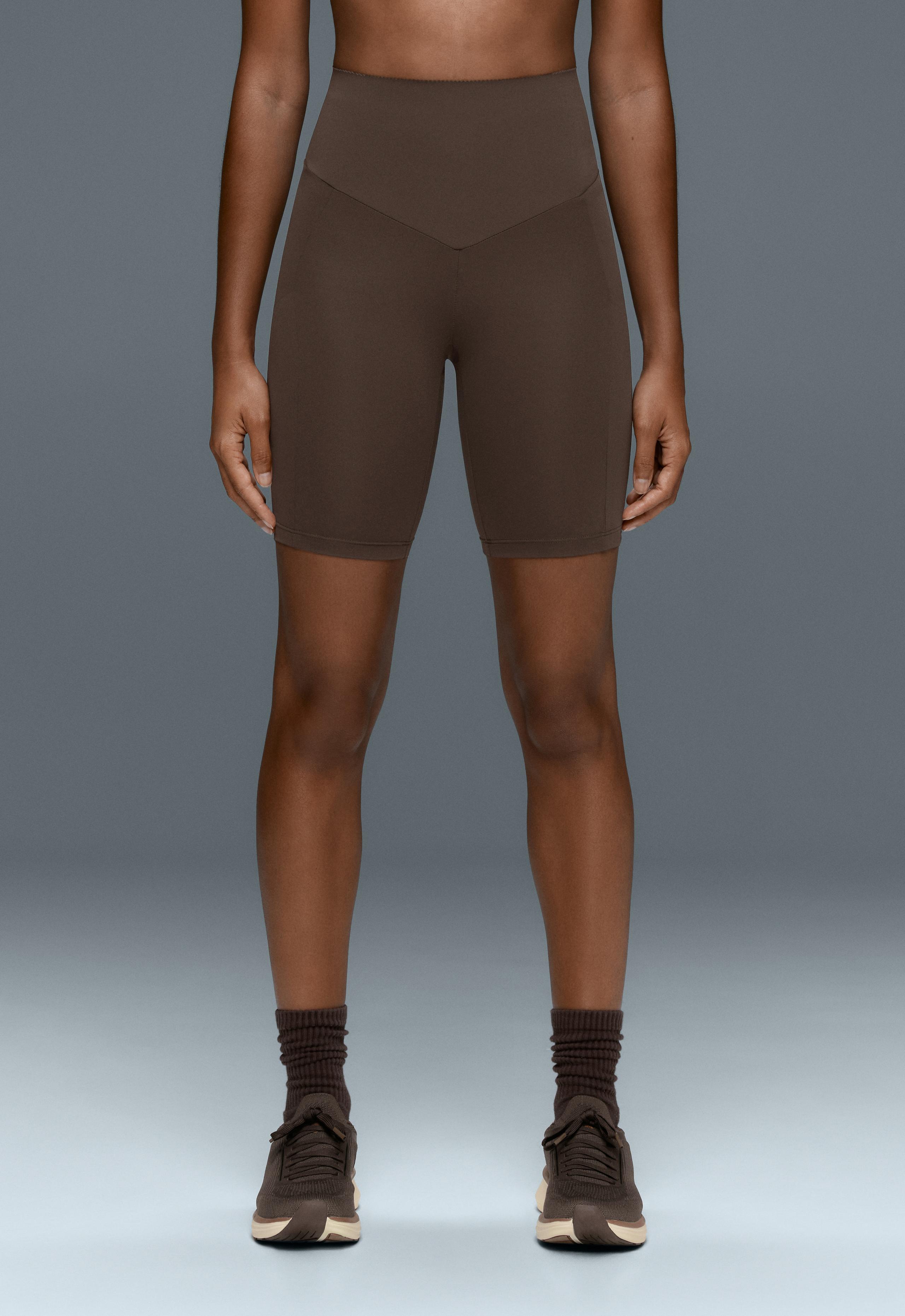 Compressive 20cm high-waisted cycle leggings with pockets - BROWN