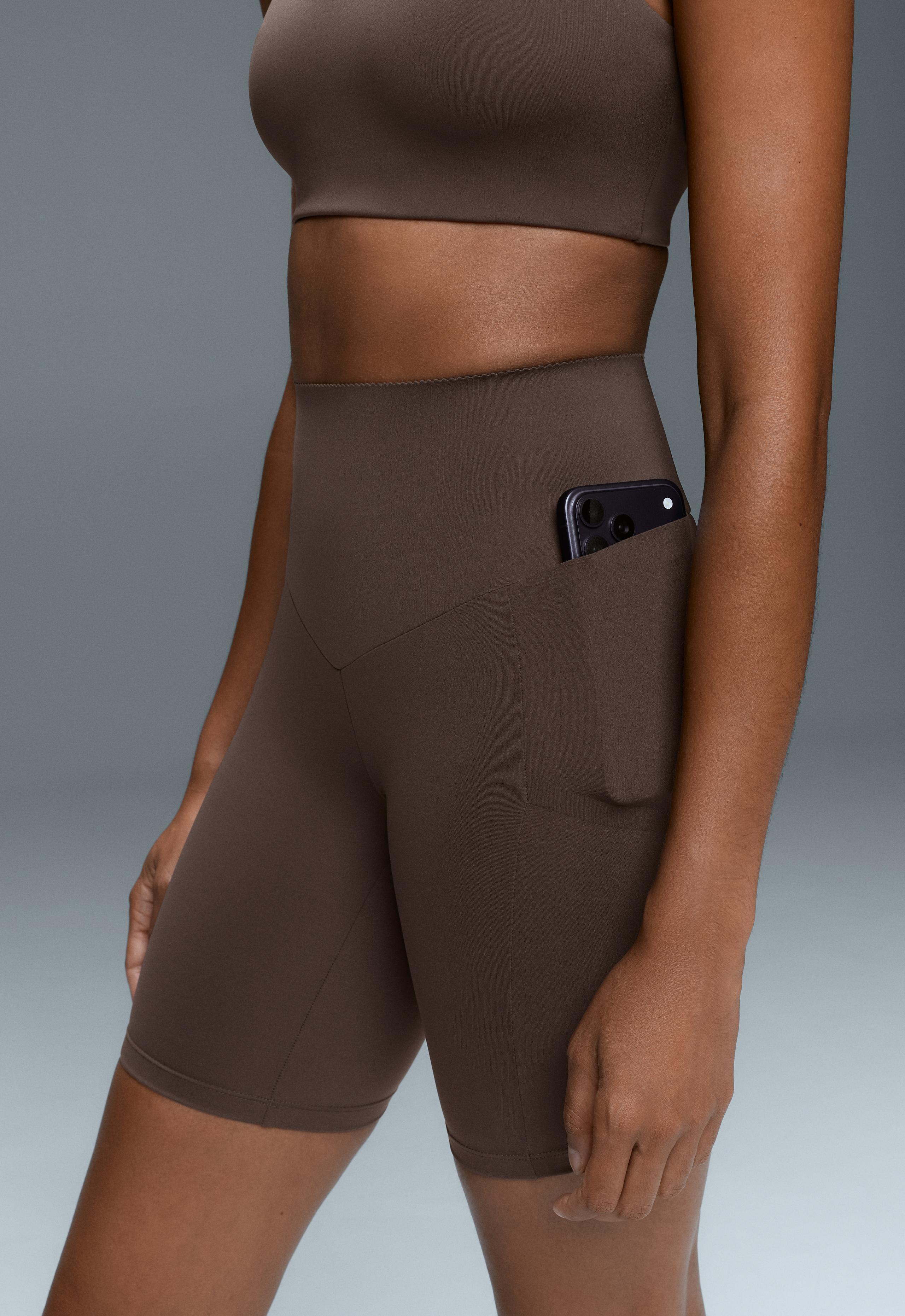 Compressive 20cm high-waisted cycle leggings with pockets - BROWN