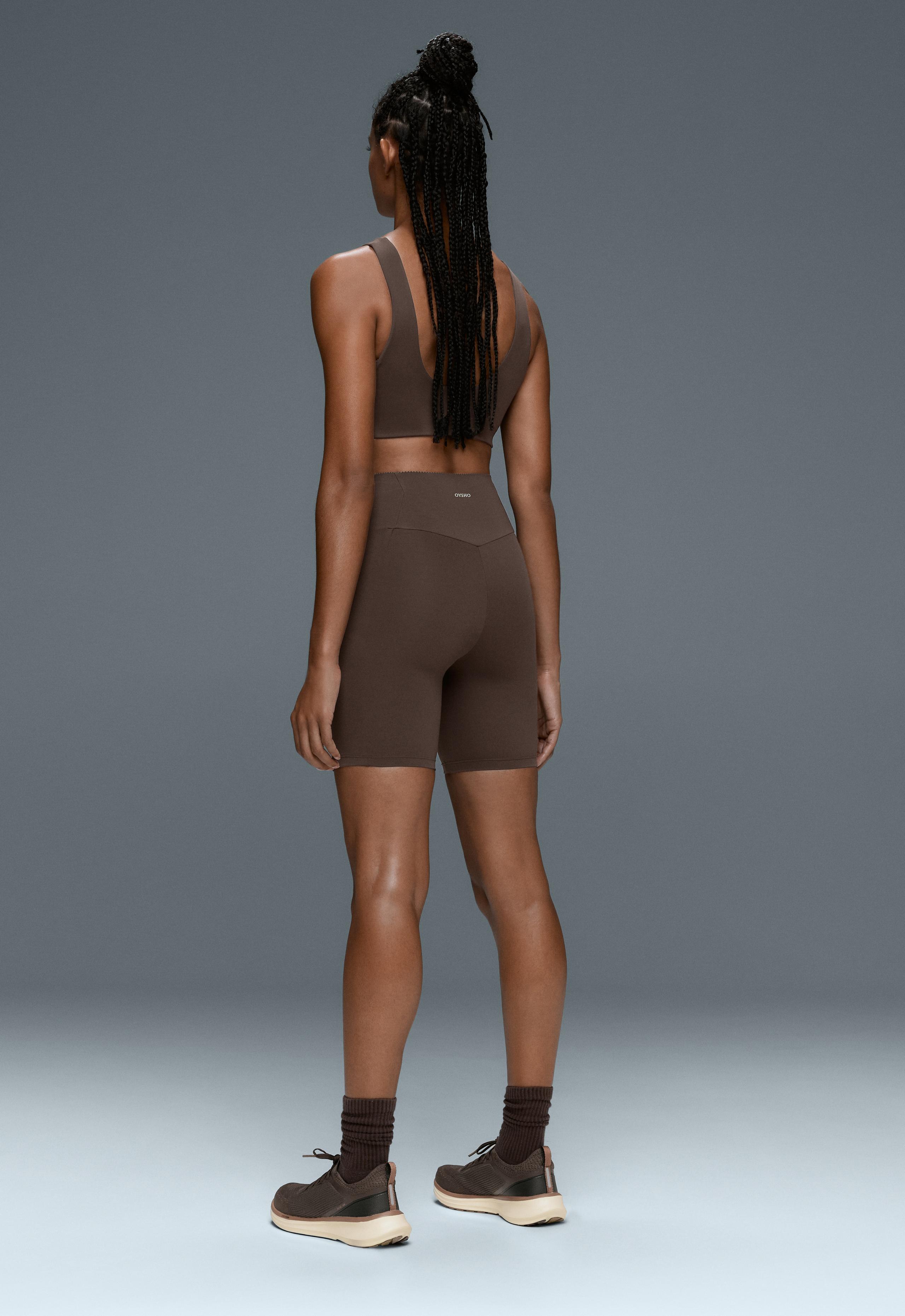 Compressive 20cm high-waisted cycle leggings with pockets - BROWN