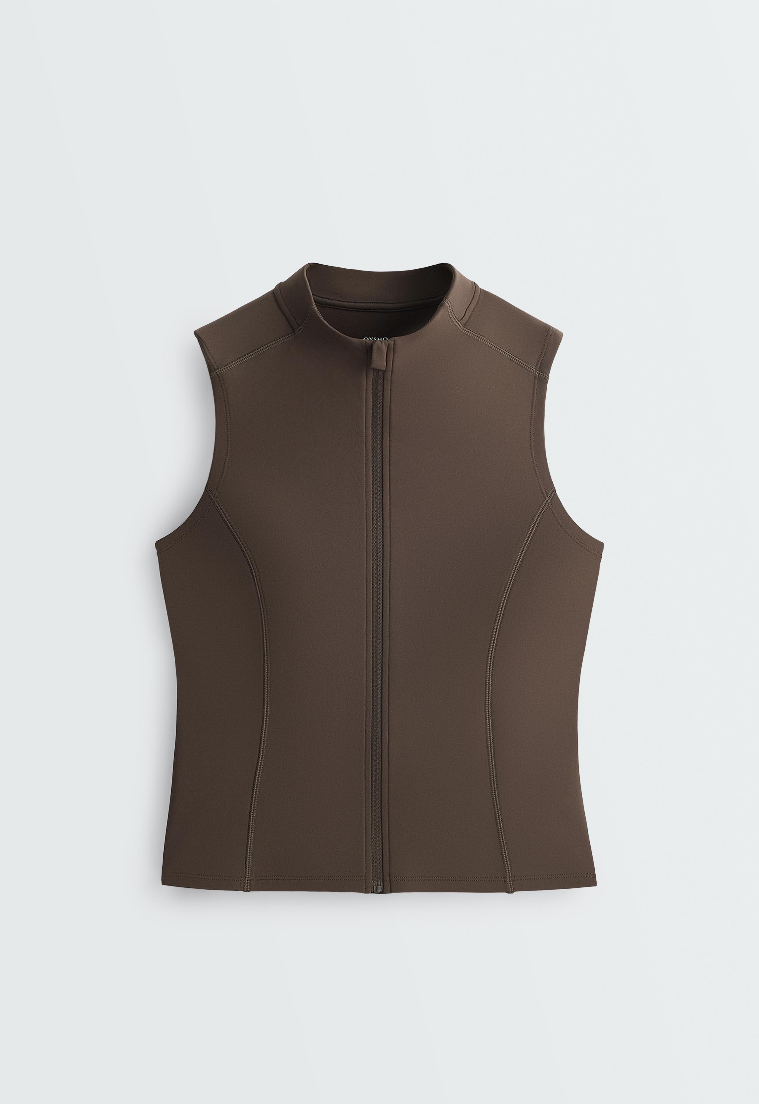 Sleeveless zip T-shirt - BROWN