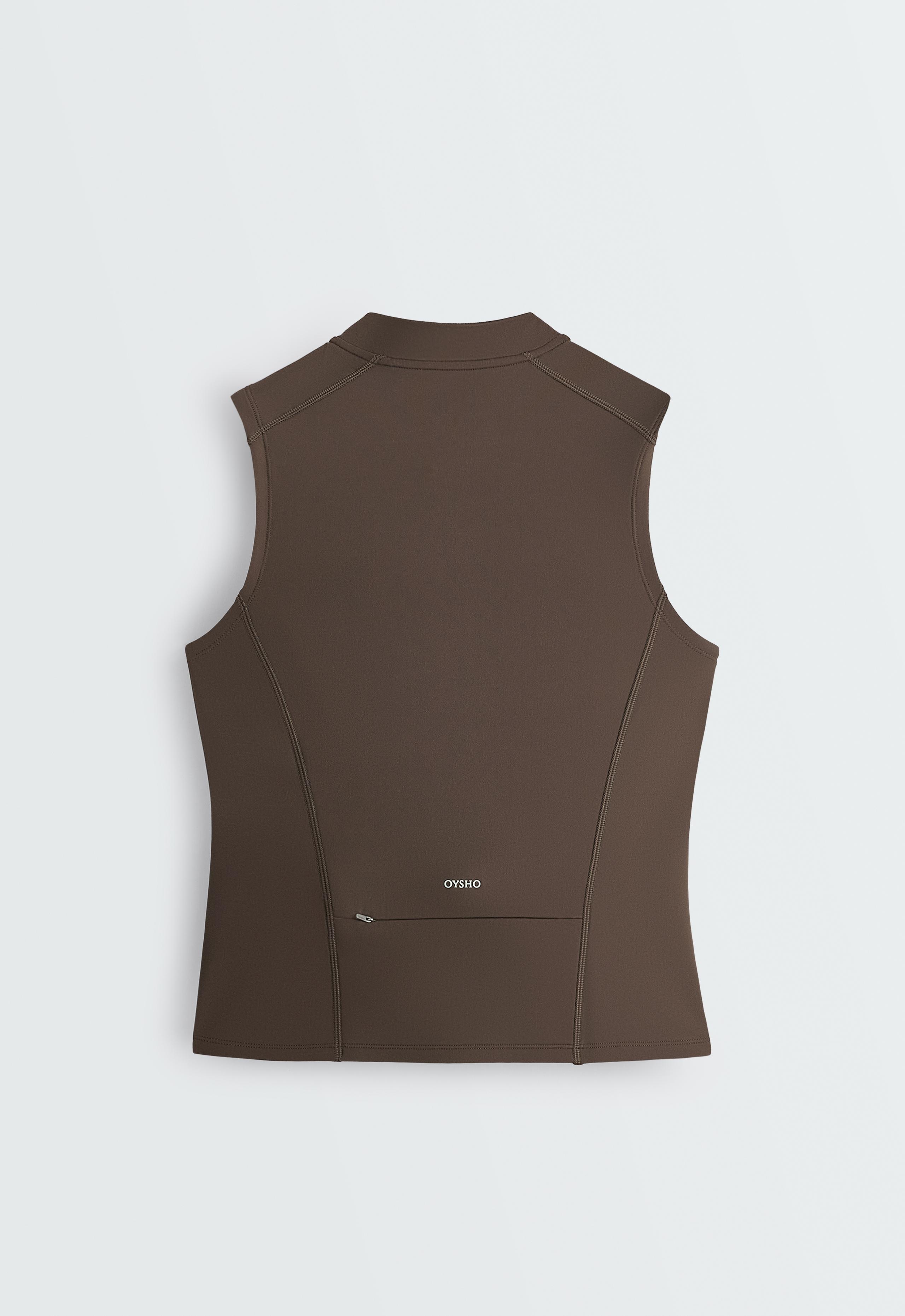 Sleeveless zip T-shirt - BROWN