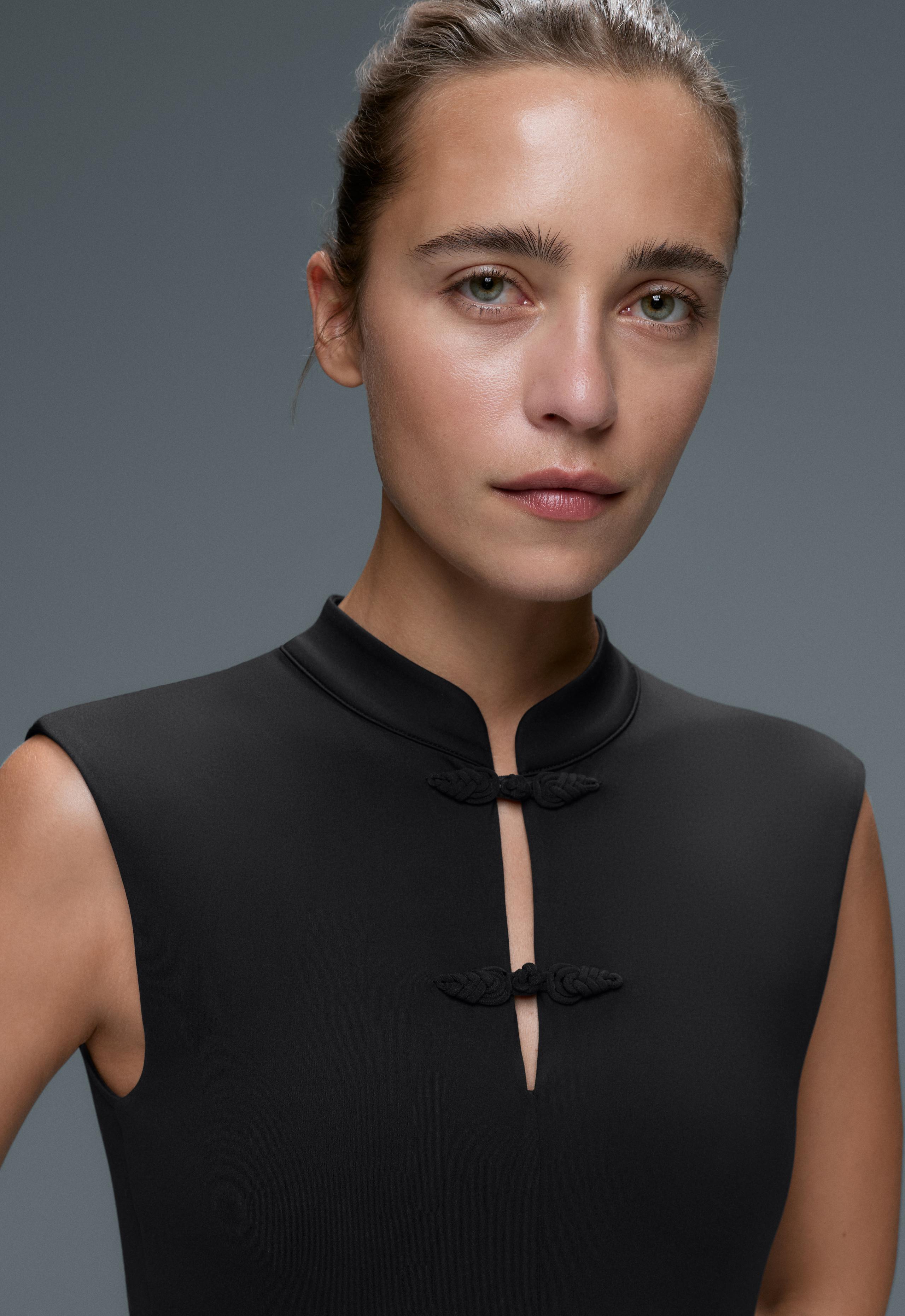 Comfortlux long jumpsuit with mandarin collar - BLACK