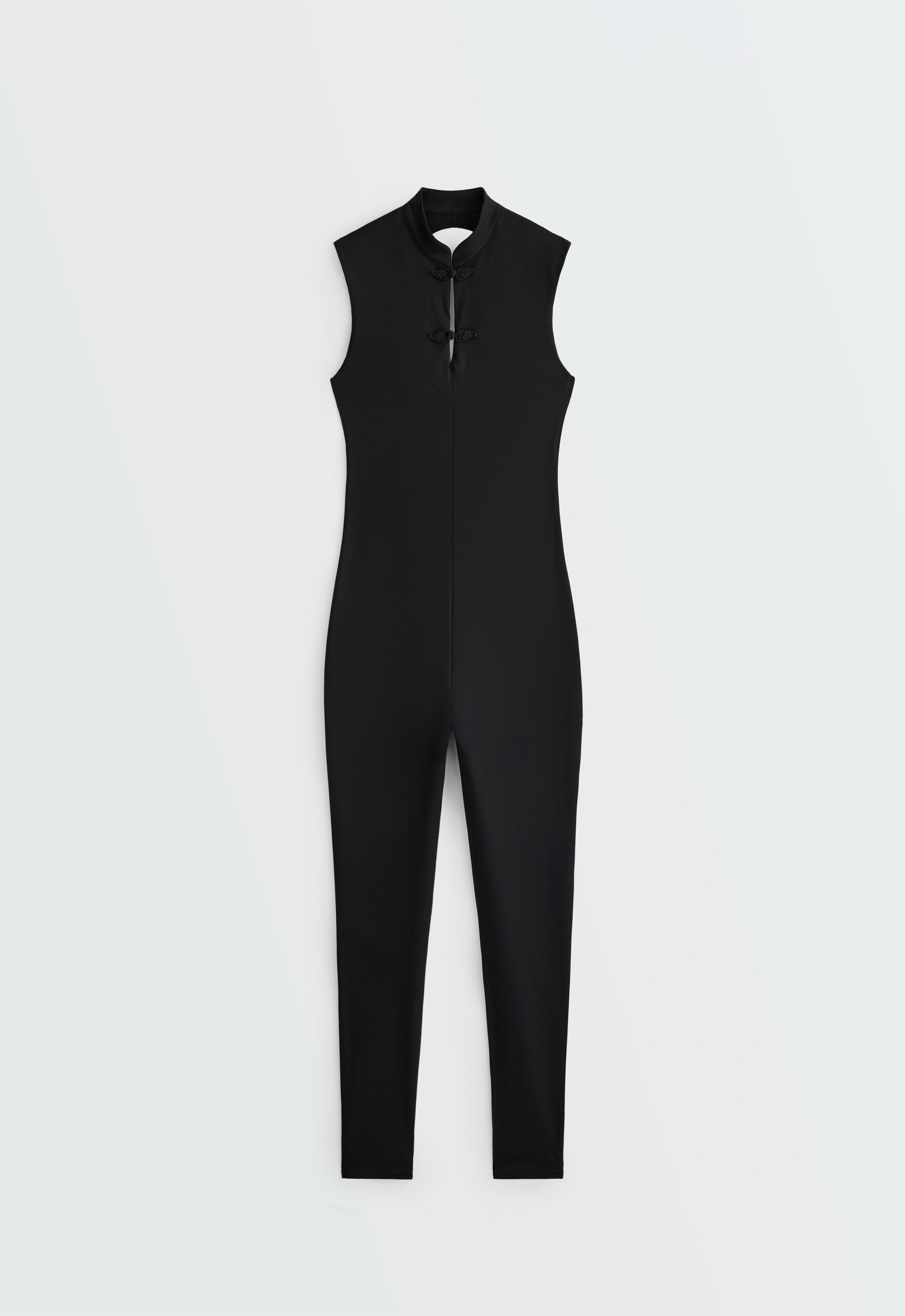 Comfortlux long jumpsuit with mandarin collar - BLACK