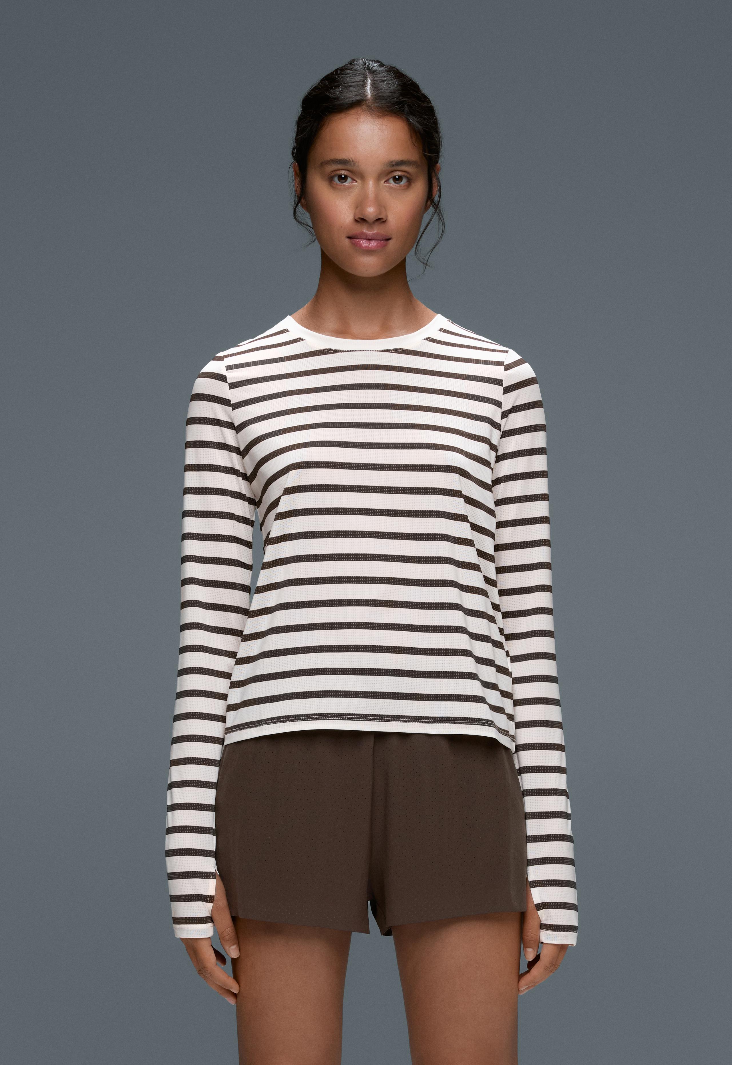 Regular Fit technical T-shirt, long sleeve, striped print - BROWN