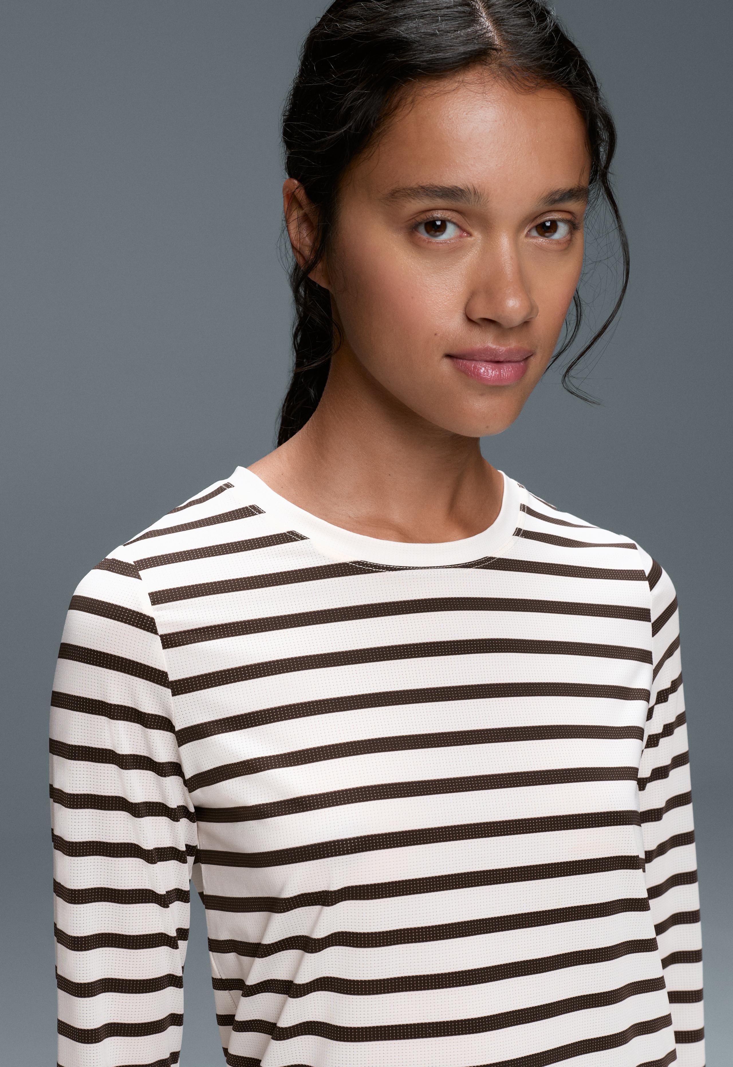 Regular Fit technical T-shirt, long sleeve, striped print - BROWN