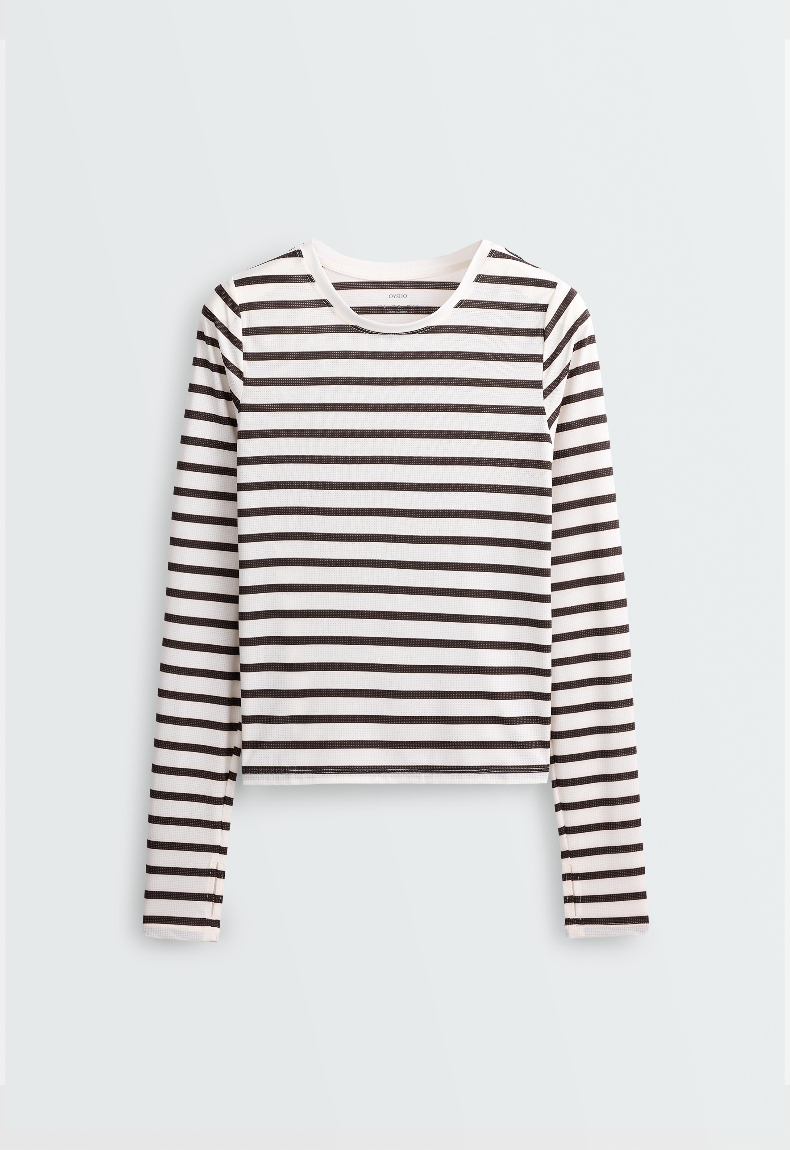Regular Fit technical T-shirt, long sleeve, striped print - BROWN