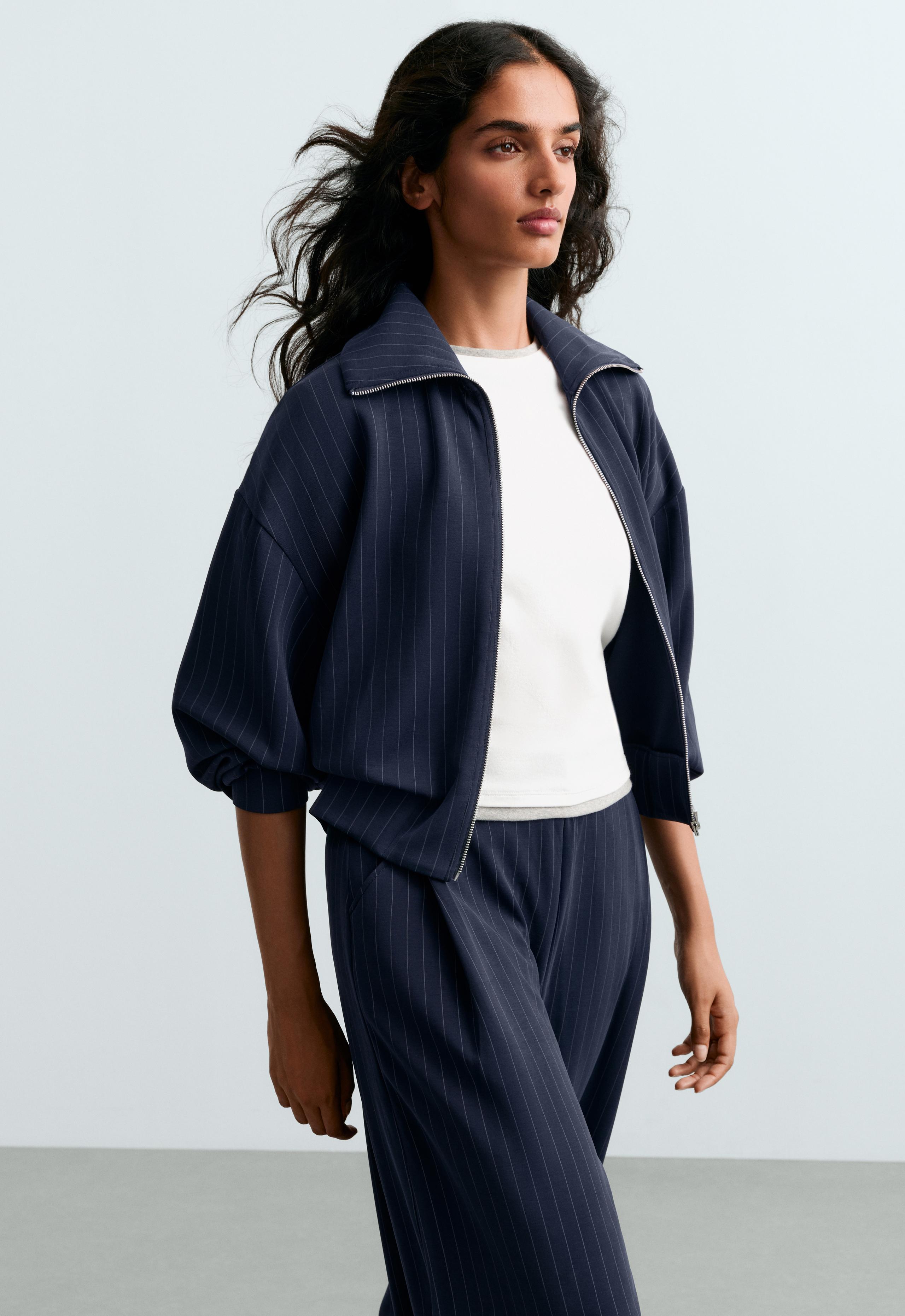Pinstripe boxy jacket with modal - NAVY BLUE