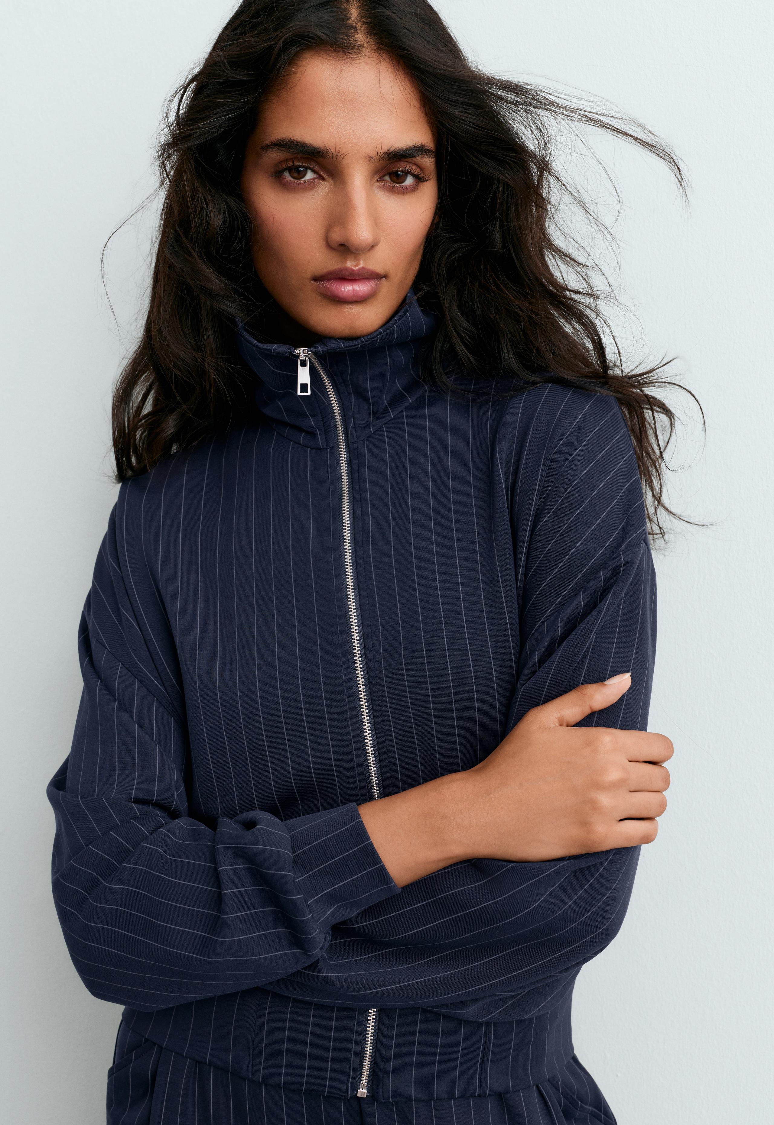 Pinstripe boxy jacket with modal - NAVY BLUE