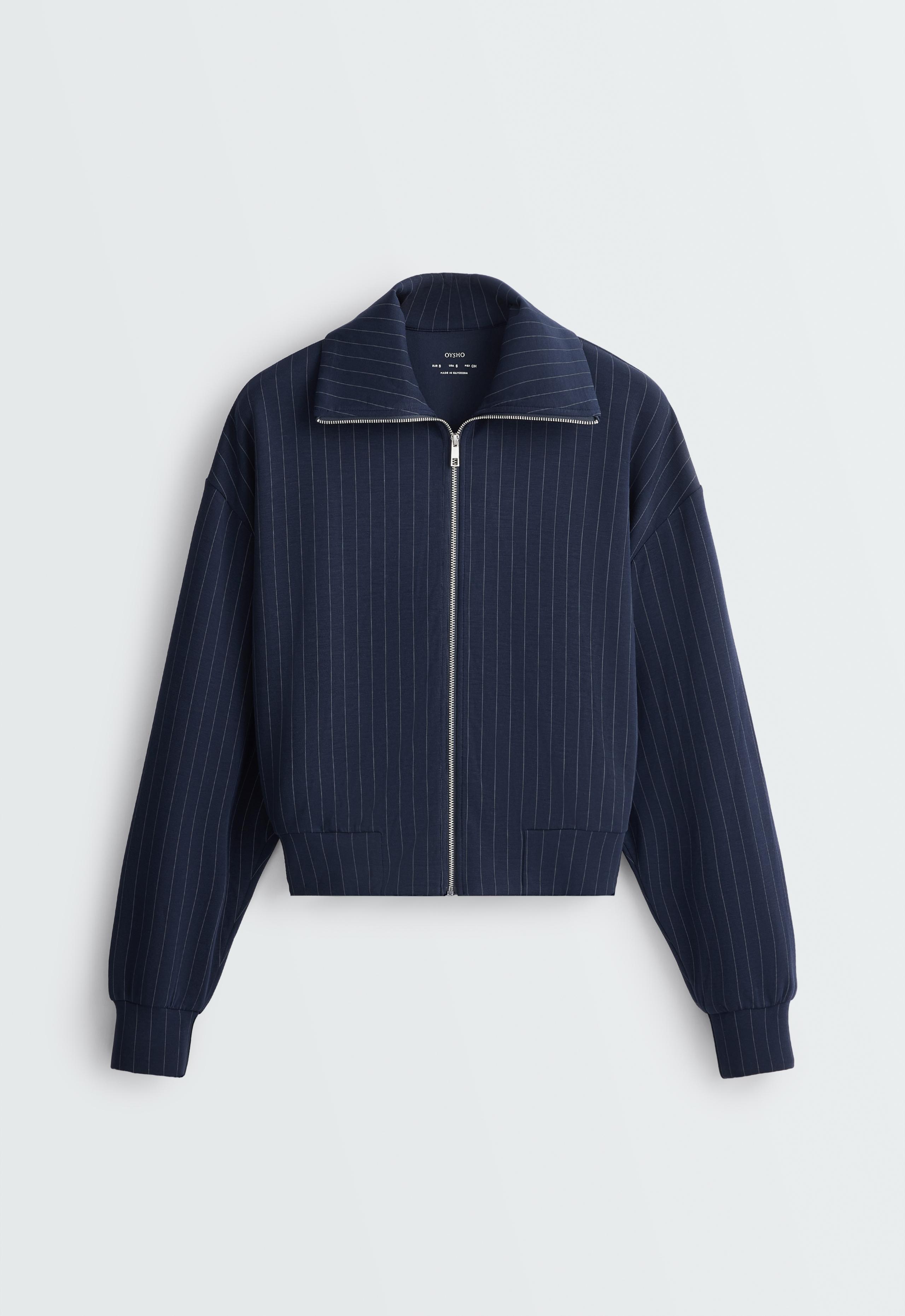 Pinstripe boxy jacket with modal - NAVY BLUE