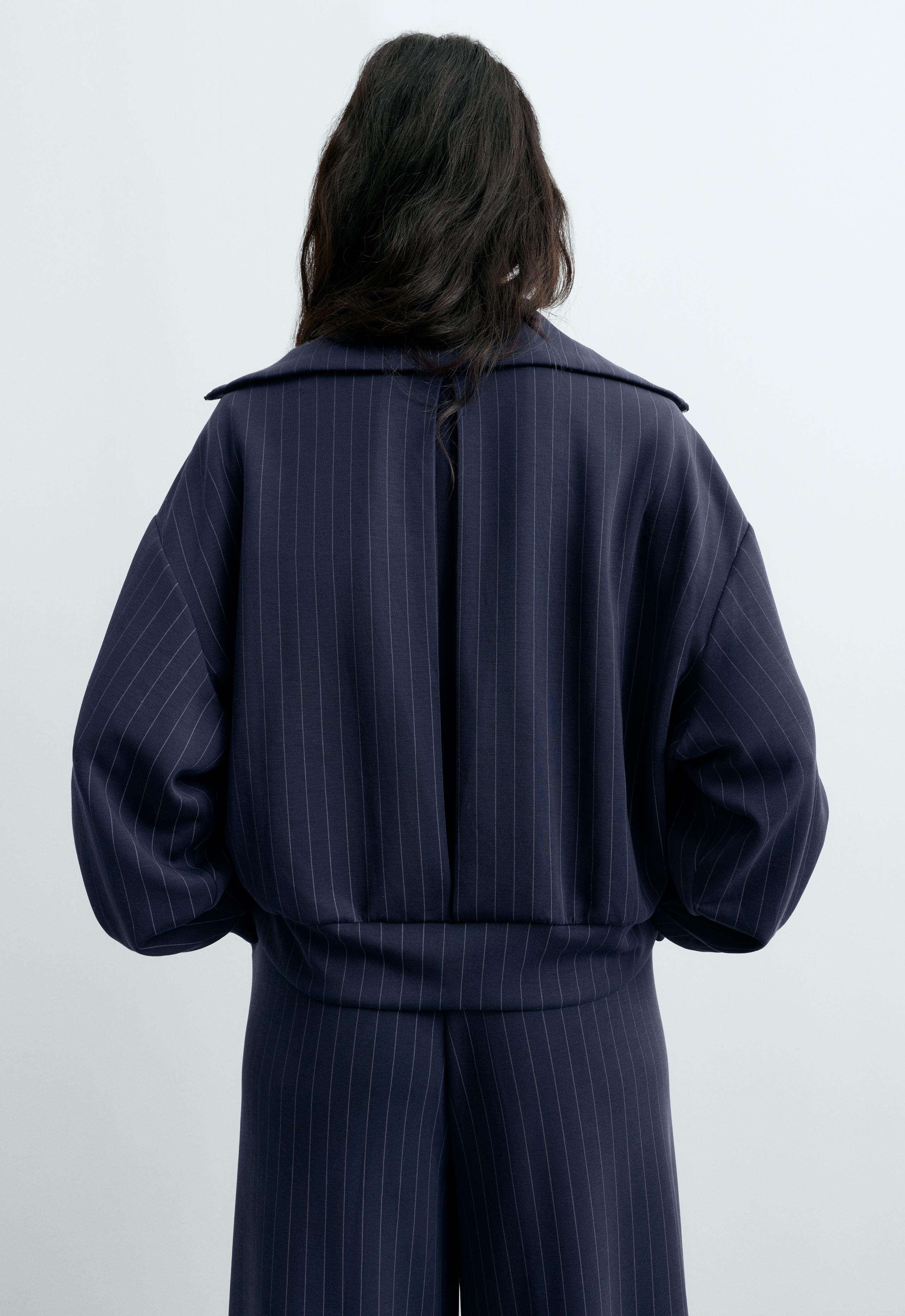 Pinstripe boxy jacket with modal - NAVY BLUE