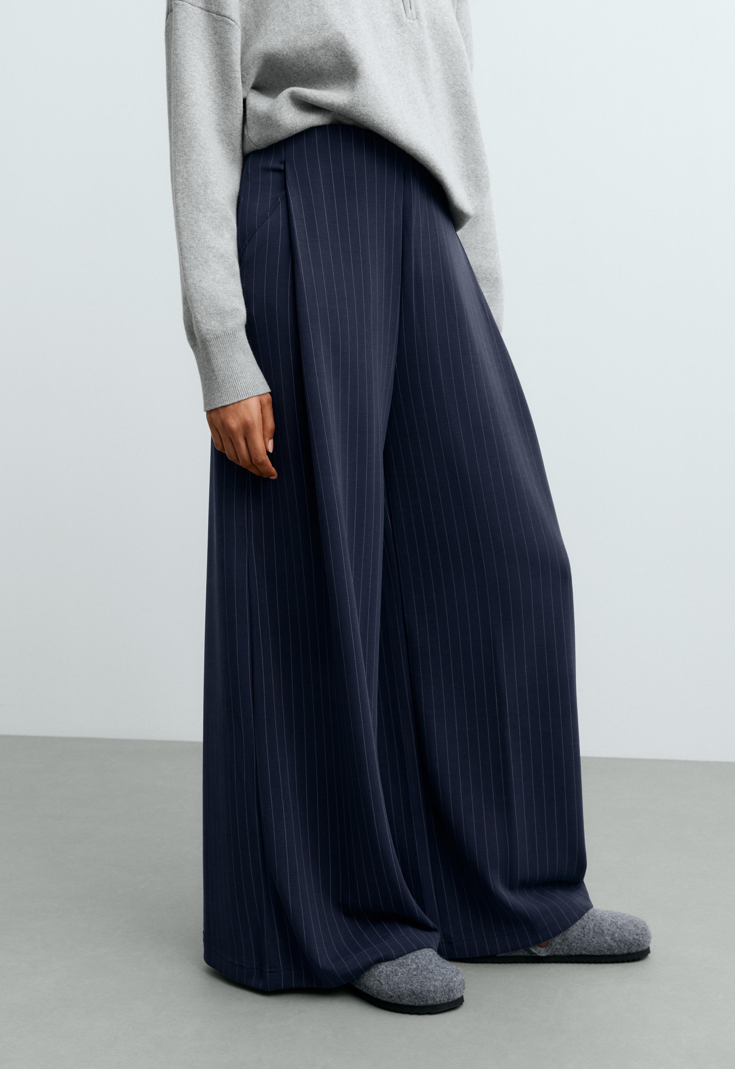 Wide-leg modal pinstripe trousers - NAVY BLUE