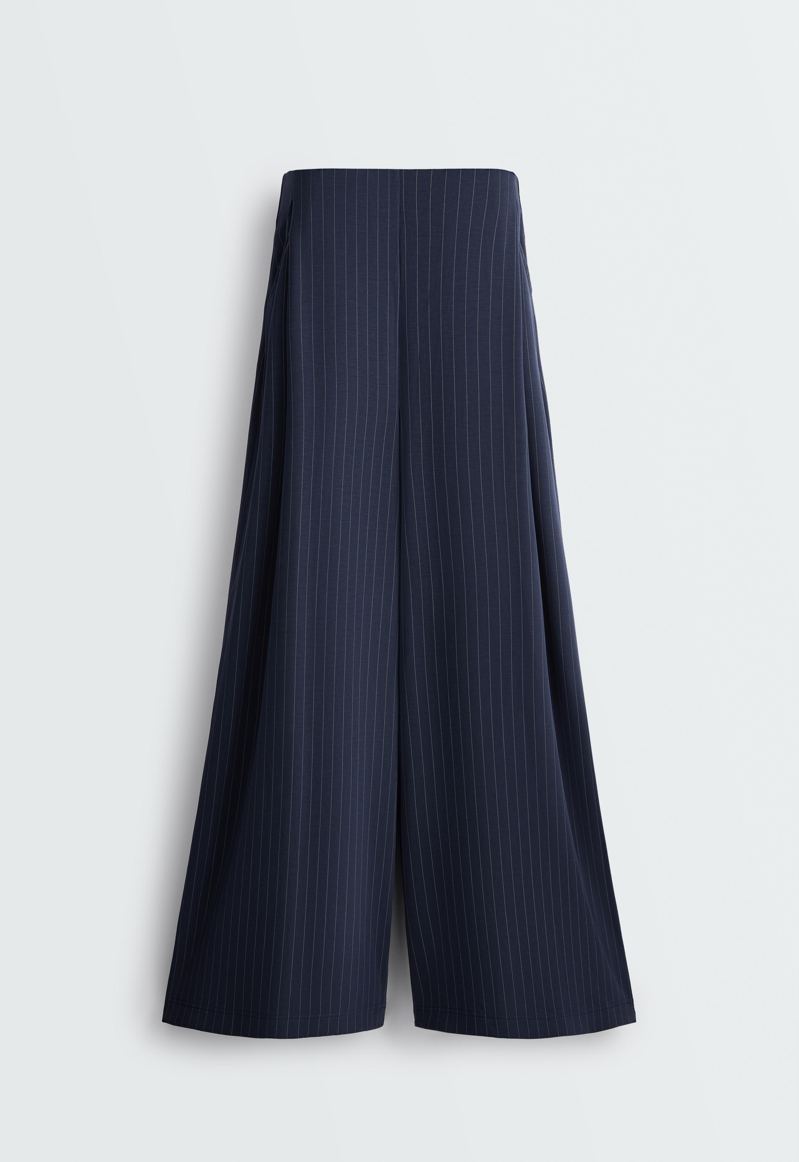 Wide-leg modal pinstripe trousers - NAVY BLUE