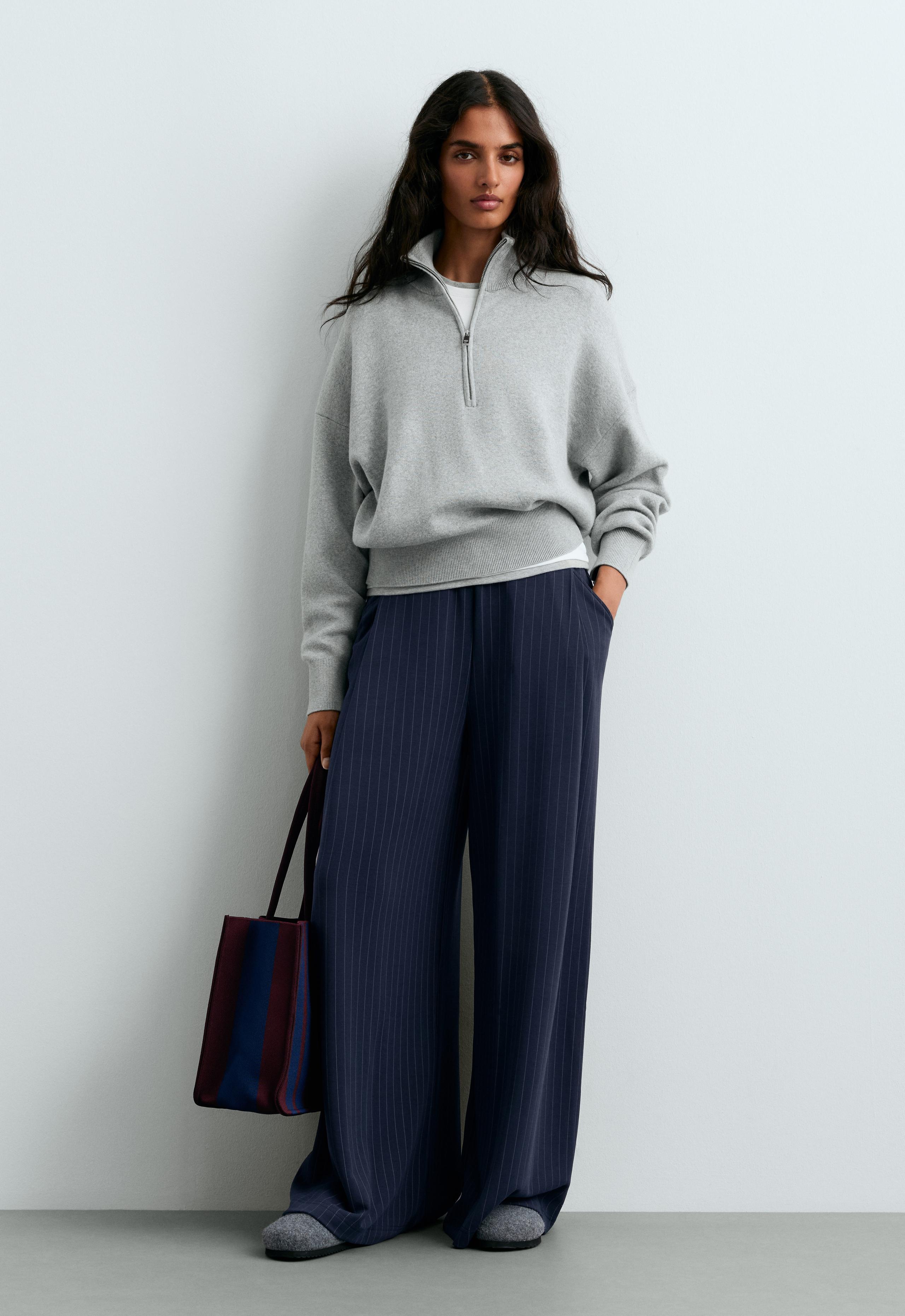 Wide-leg modal pinstripe trousers - NAVY BLUE