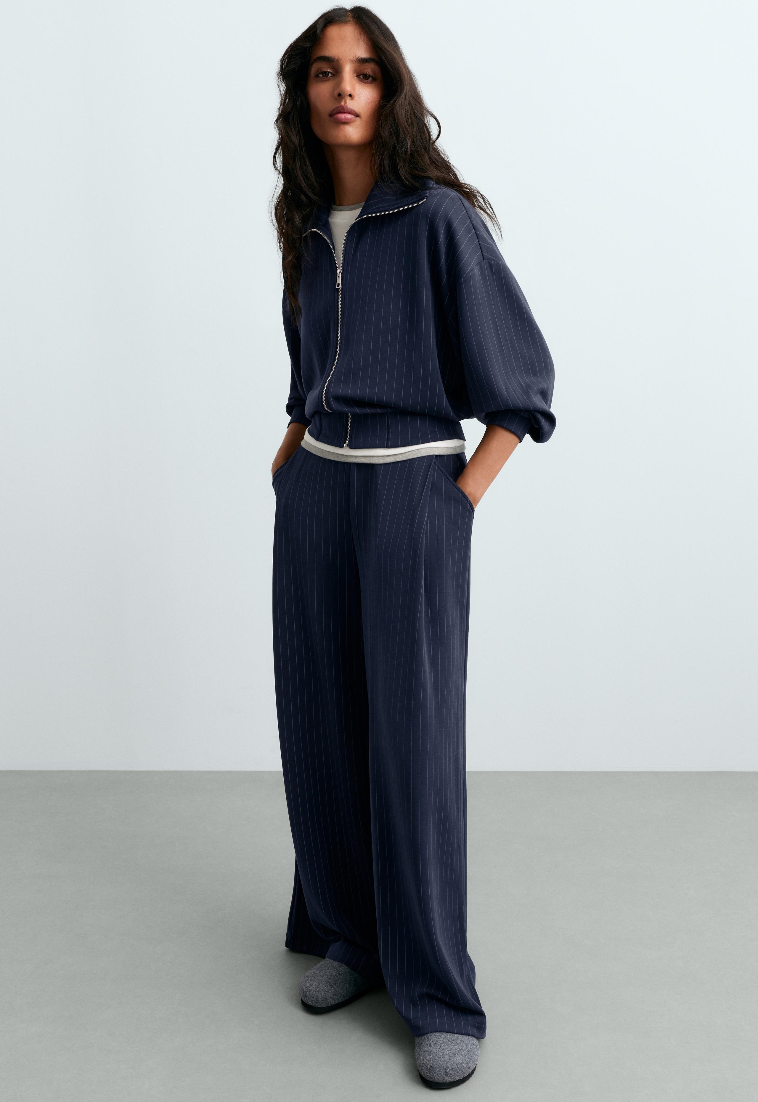 Wide-leg modal pinstripe trousers - NAVY BLUE