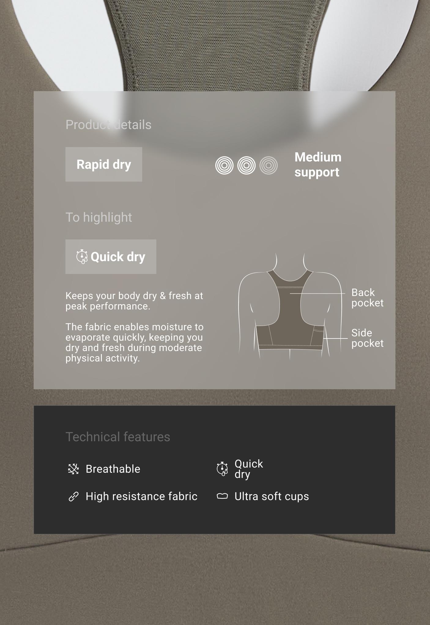 Rapid Dry sports bra, medium support, pockets - CHARCOAL GREY