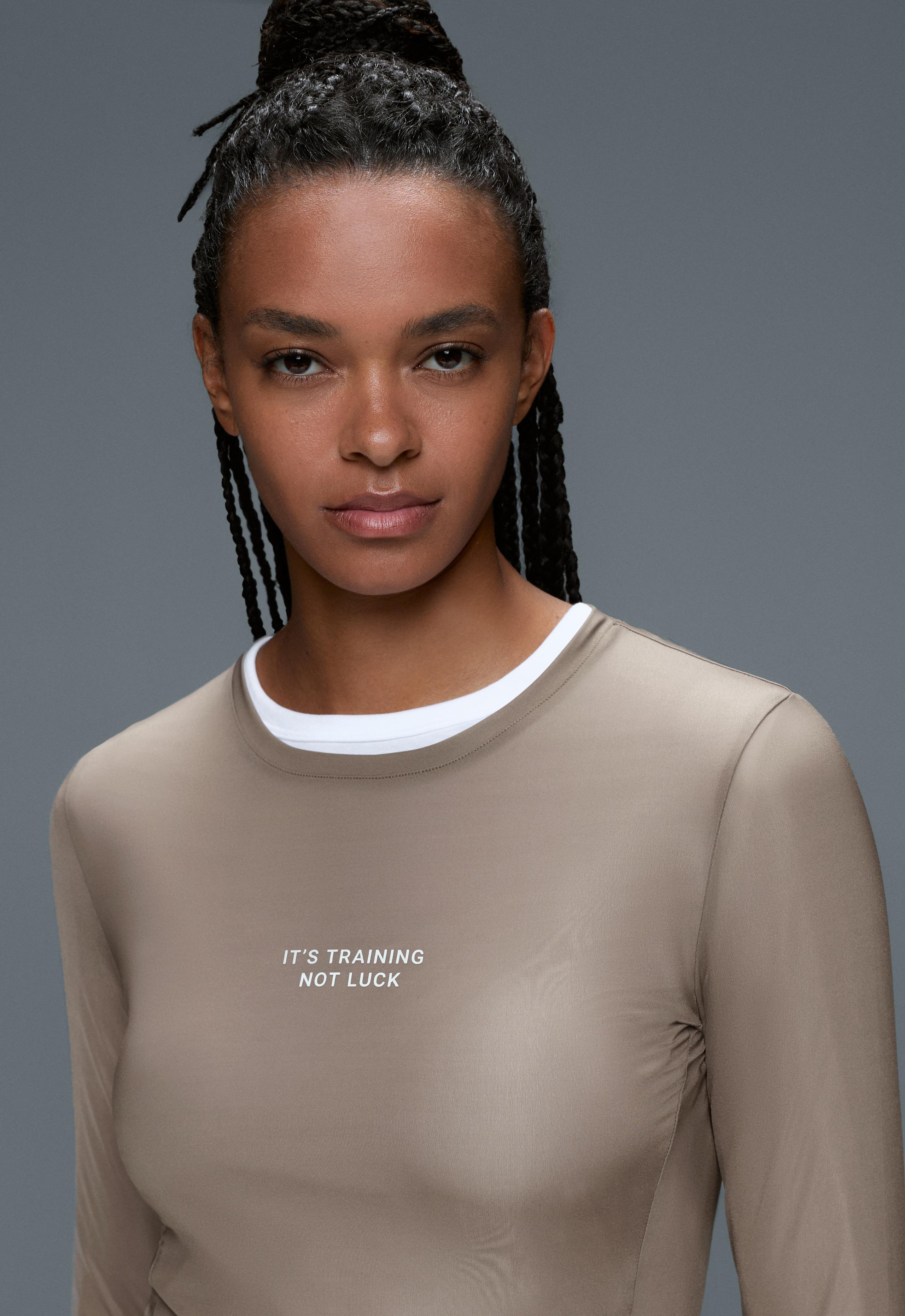 Long-sleeved technical T-shirt with text - DARK MINK