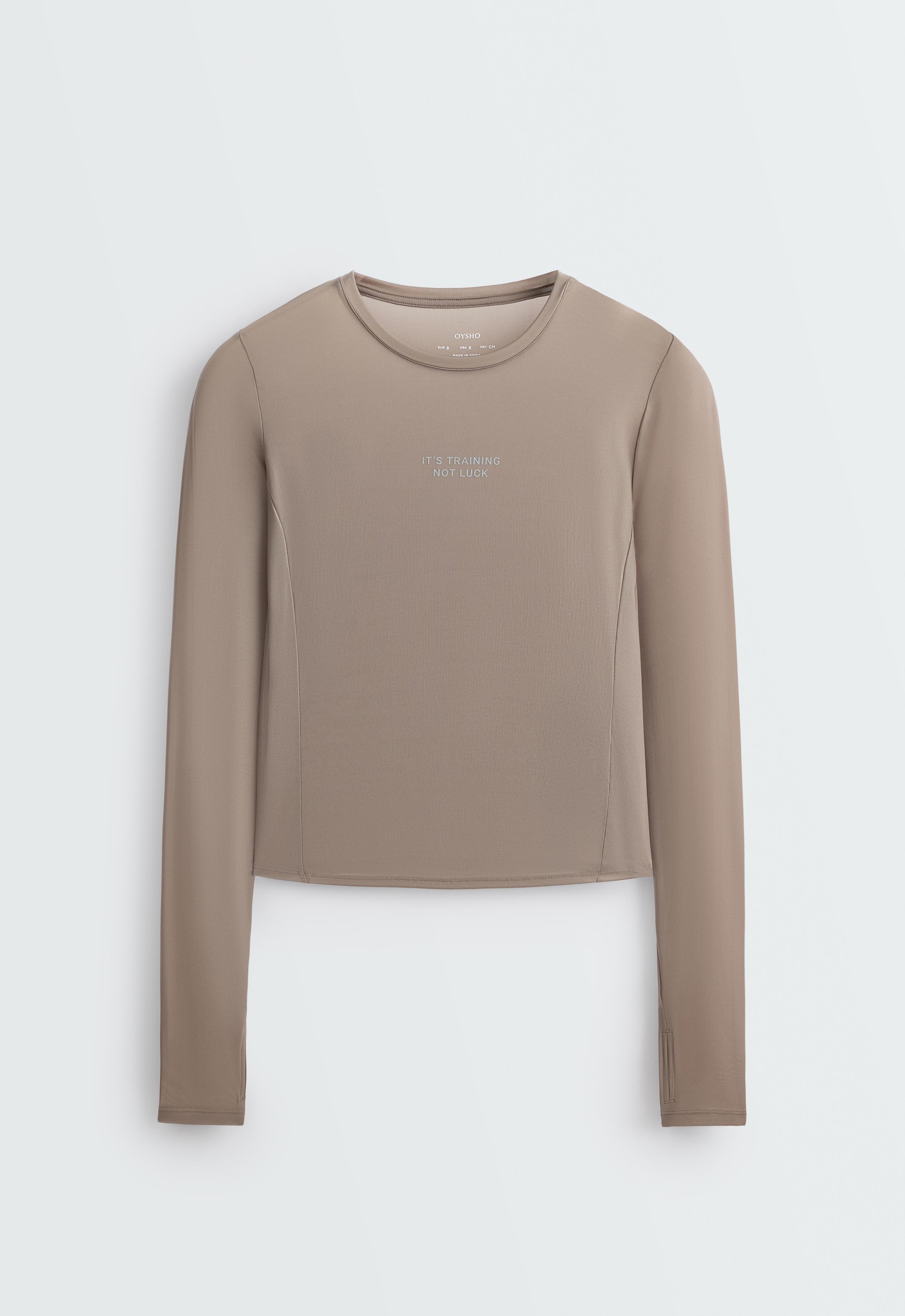 Long-sleeved technical T-shirt with text - DARK MINK