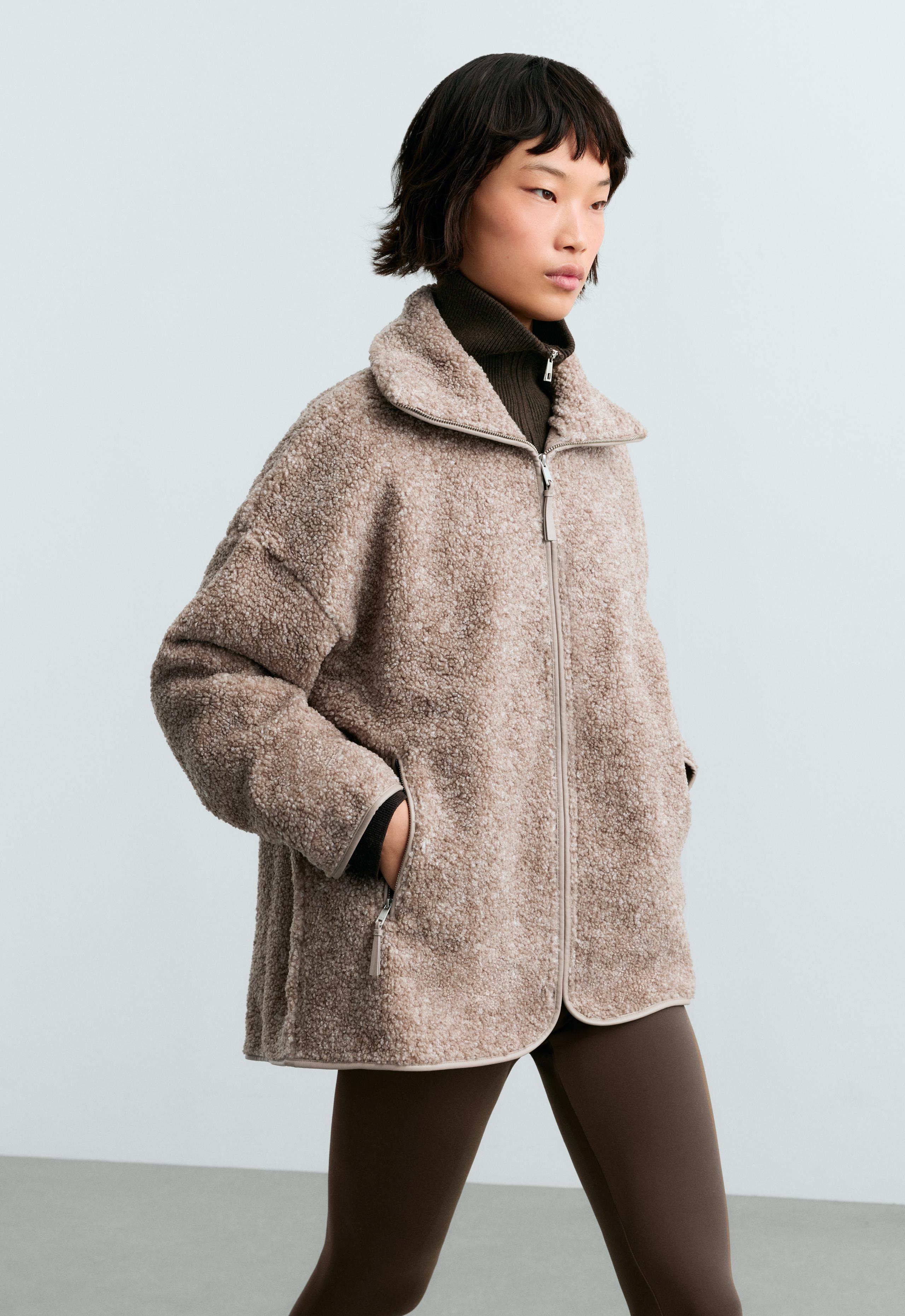 High-neck faux-shearling jacket - TAUPE