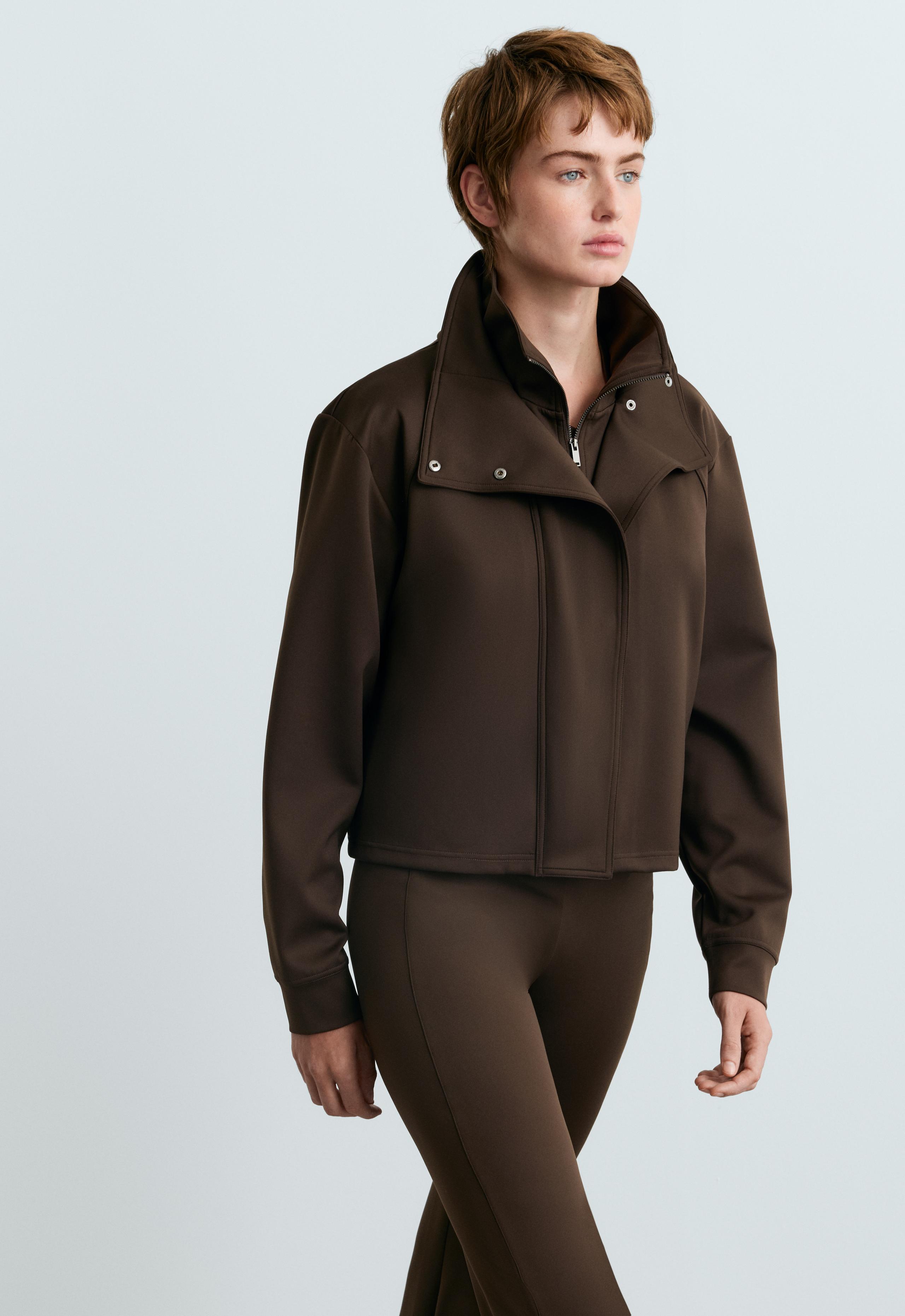 Neoprene-effect double collar jacket - BROWN