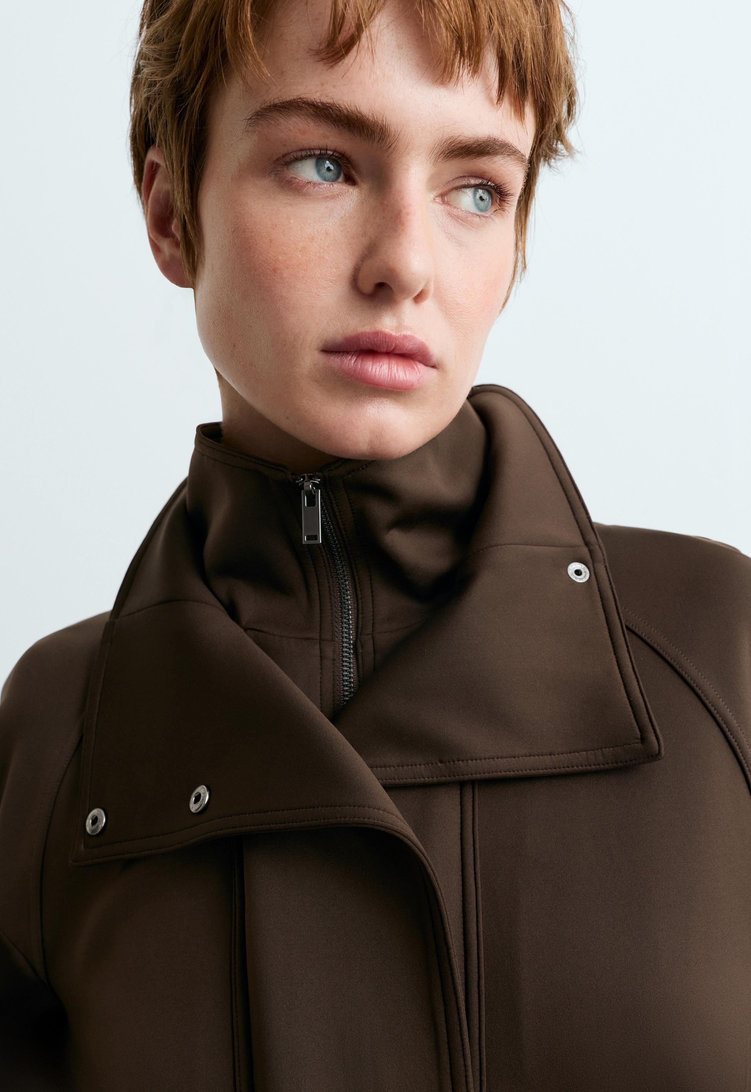 Neoprene-effect double collar jacket - BROWN