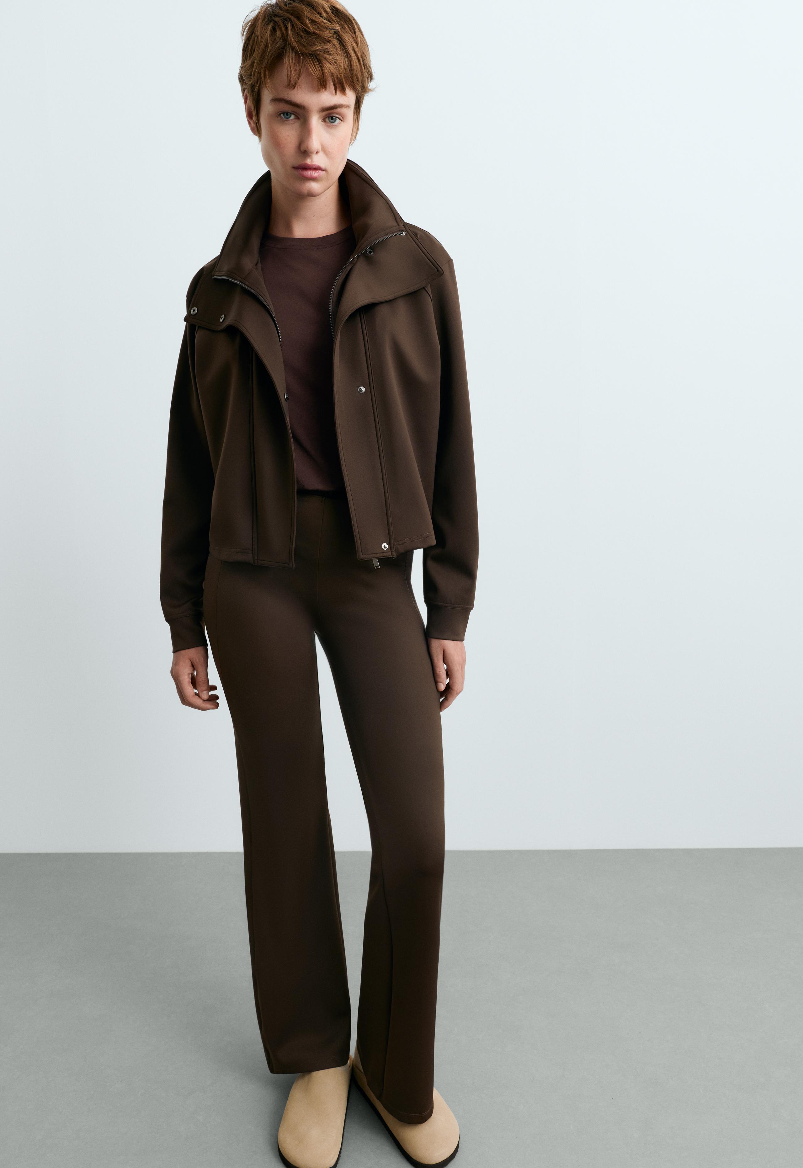 Neoprene-effect double collar jacket - BROWN
