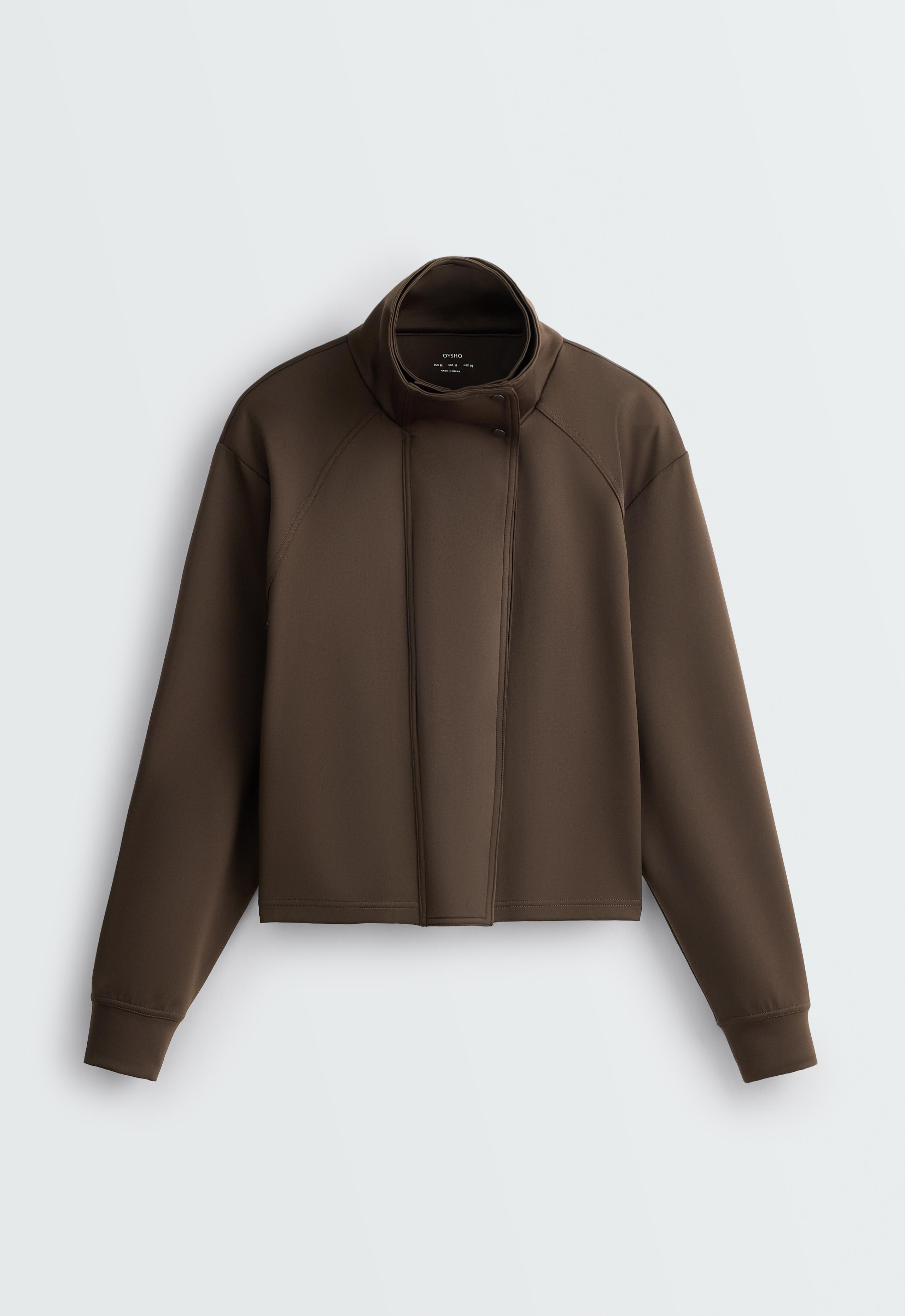 Neoprene-effect double collar jacket - BROWN