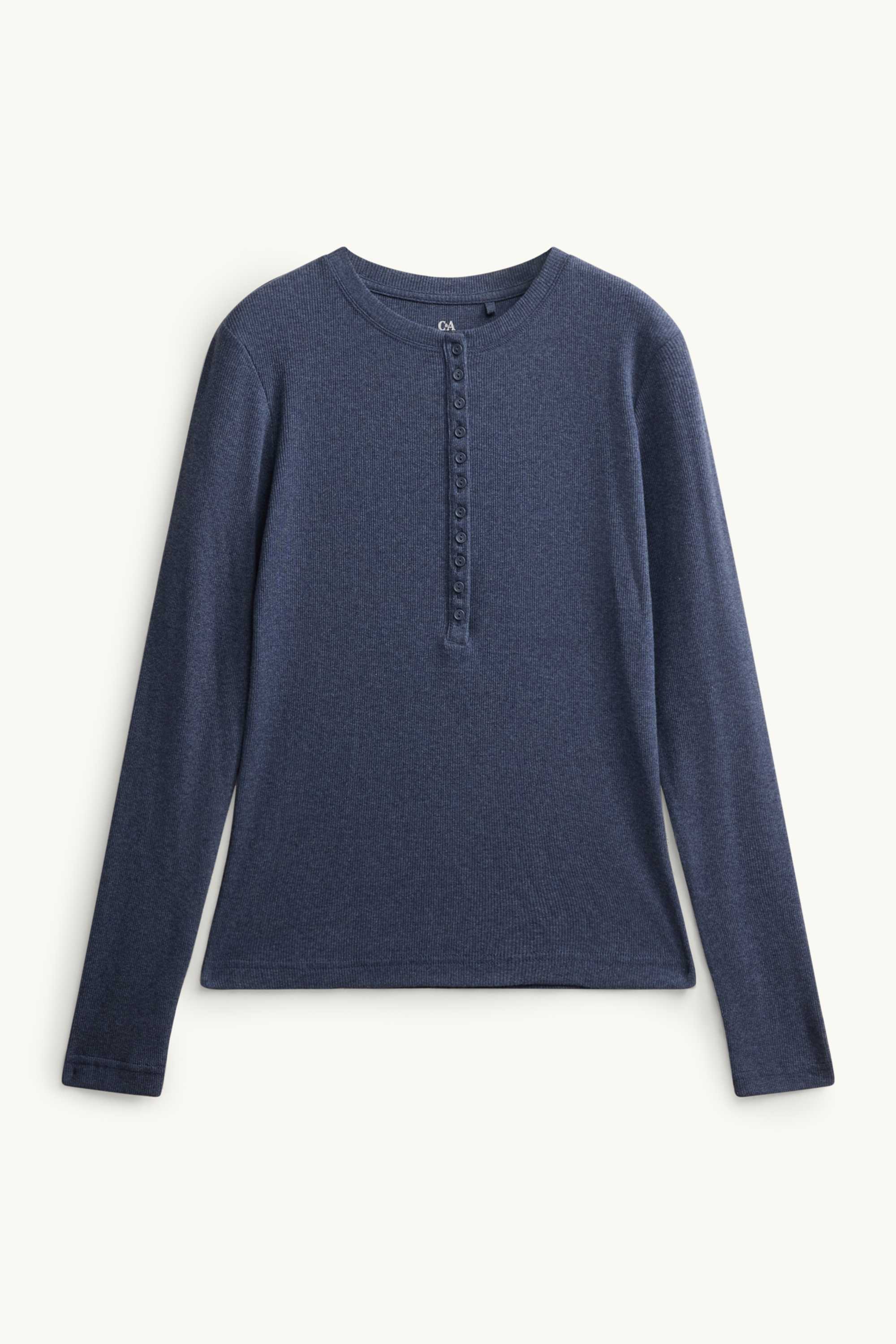 Henley T-shirt - slim fit - ribbed dark blue