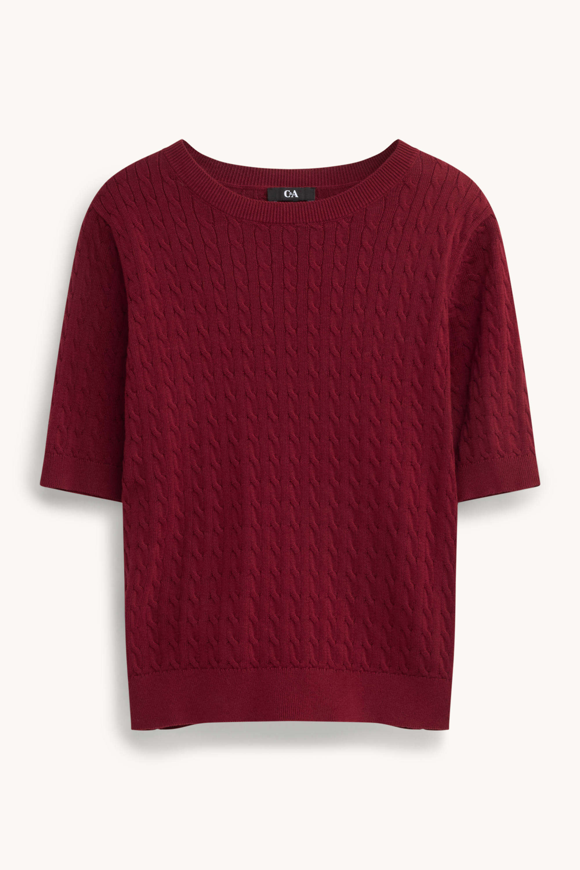 Knitted jumper - short sleeve - cable knit pattern bordeaux