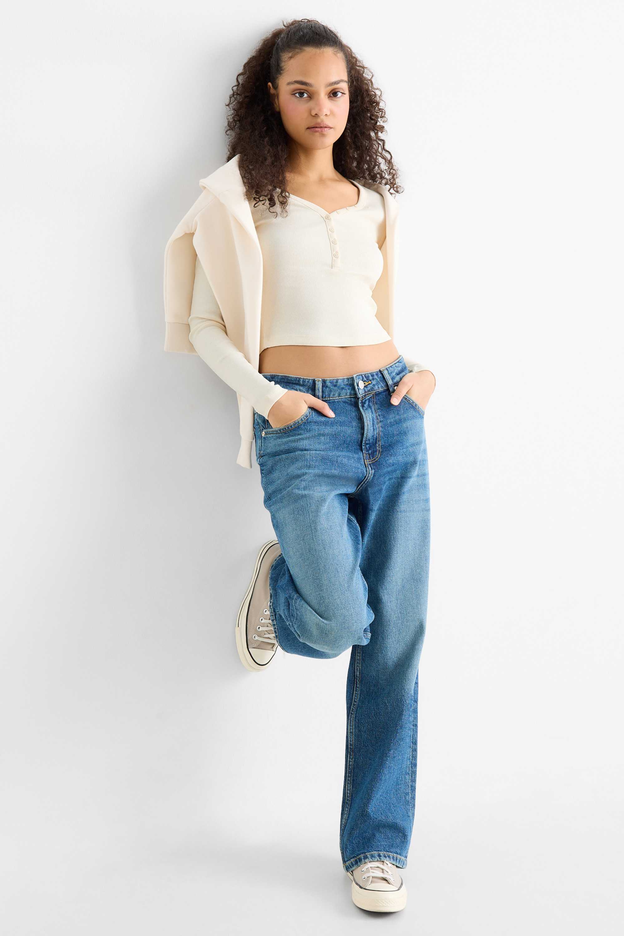 Cropped Henley T-shirt - slim fit - ribbed cremewhite