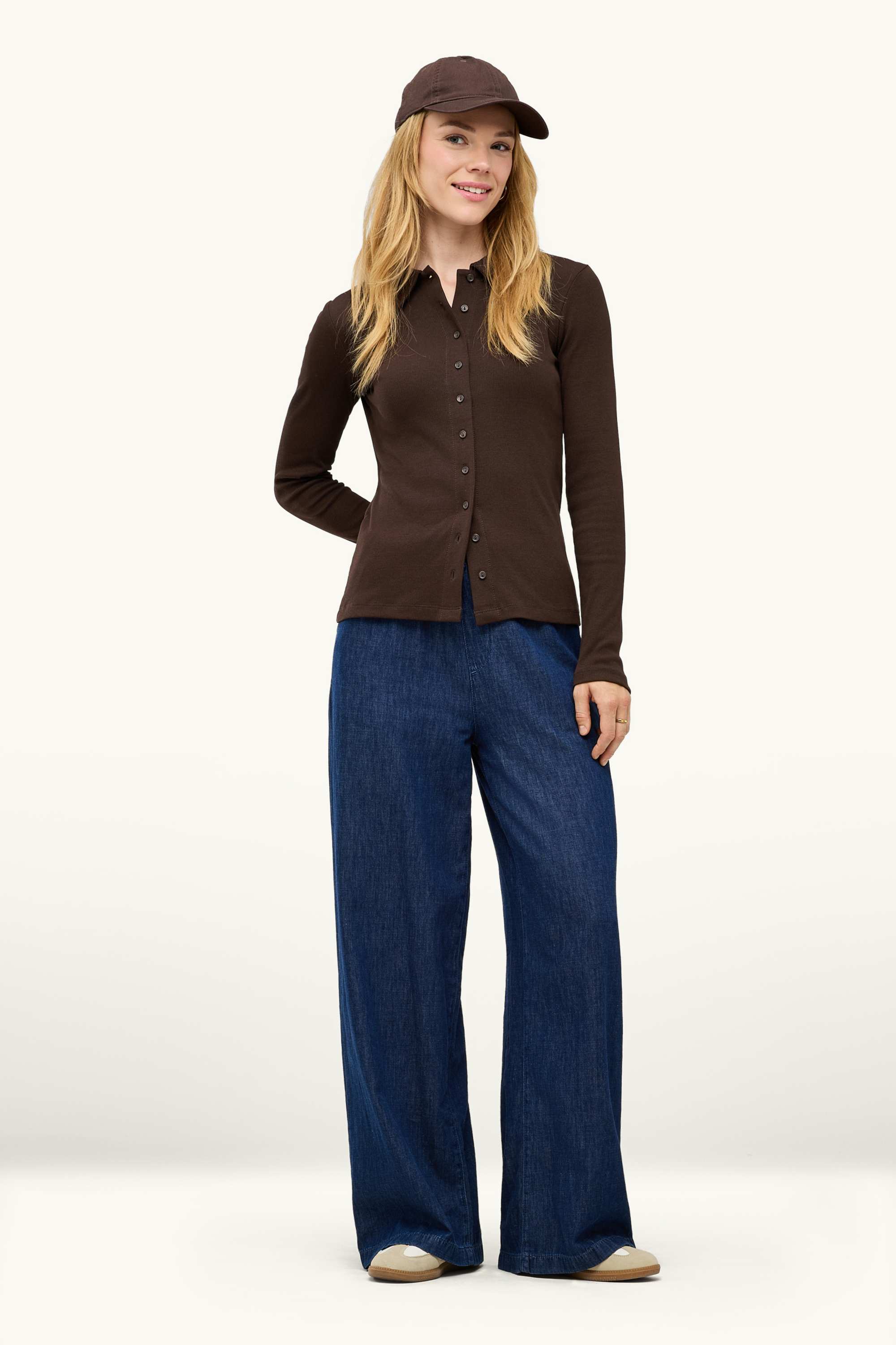Long sleeve top - regular fit - ribbed dark brown