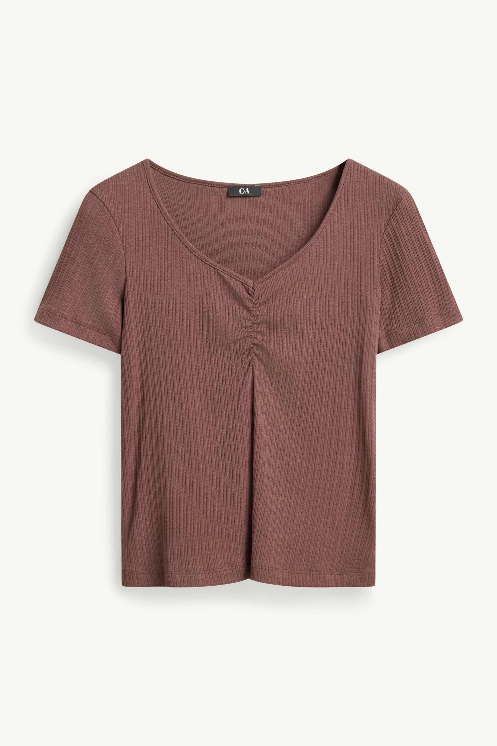 V-neck T-shirt - ribbed brown