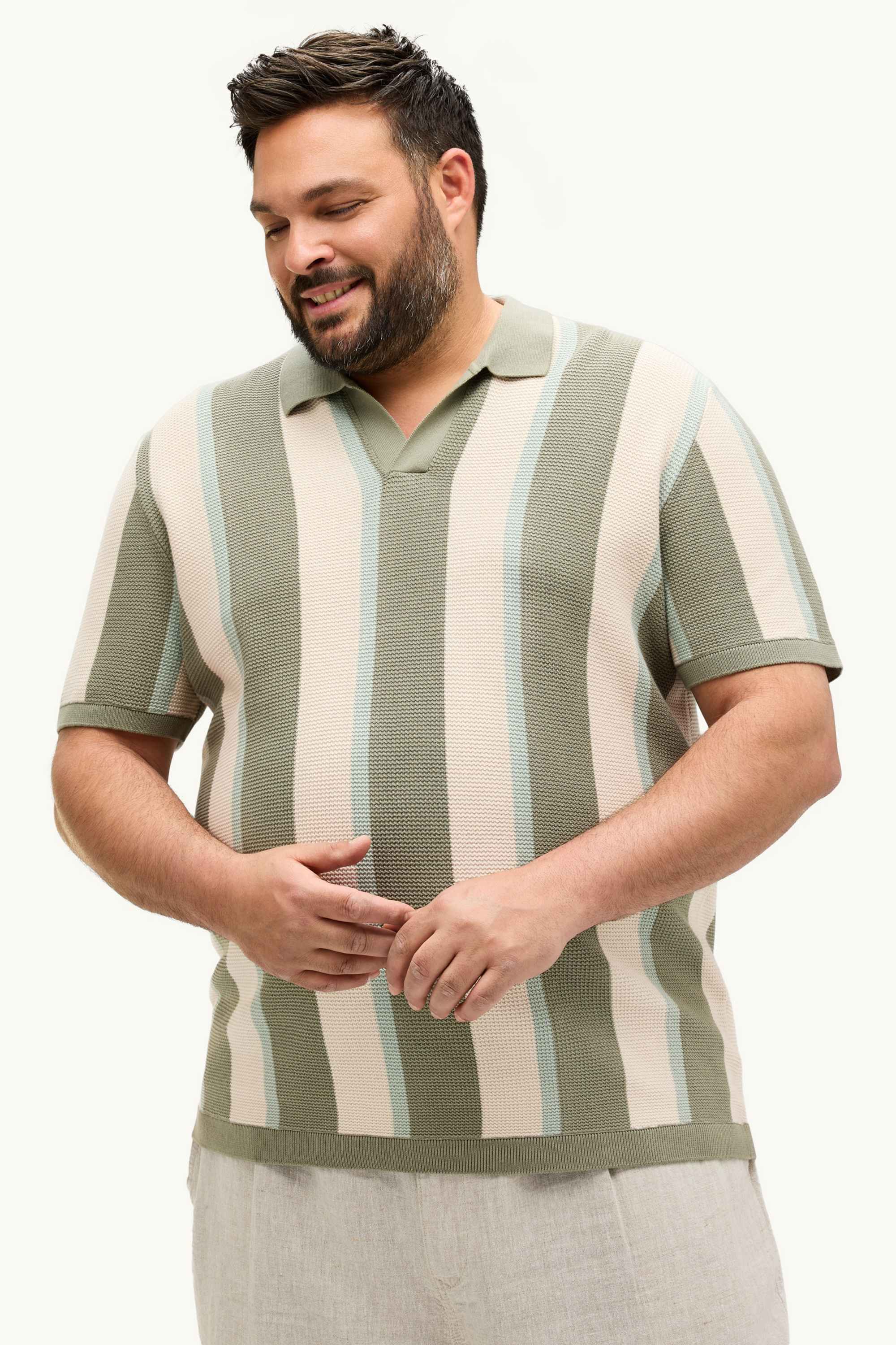Knitted polo shirt - regular fit - striped - textured green
