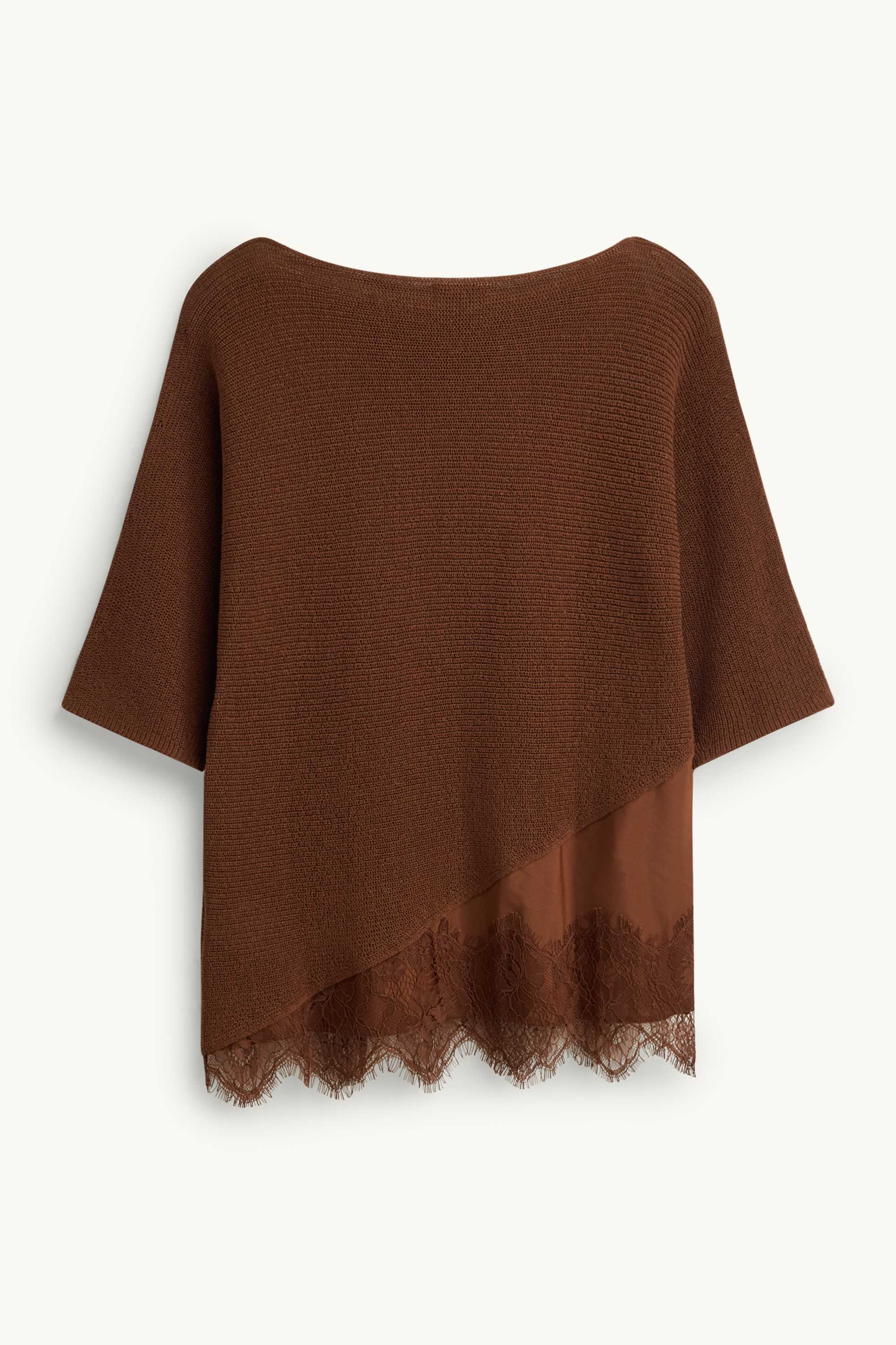 Knitted jumper - short sleeve - ribbed brown