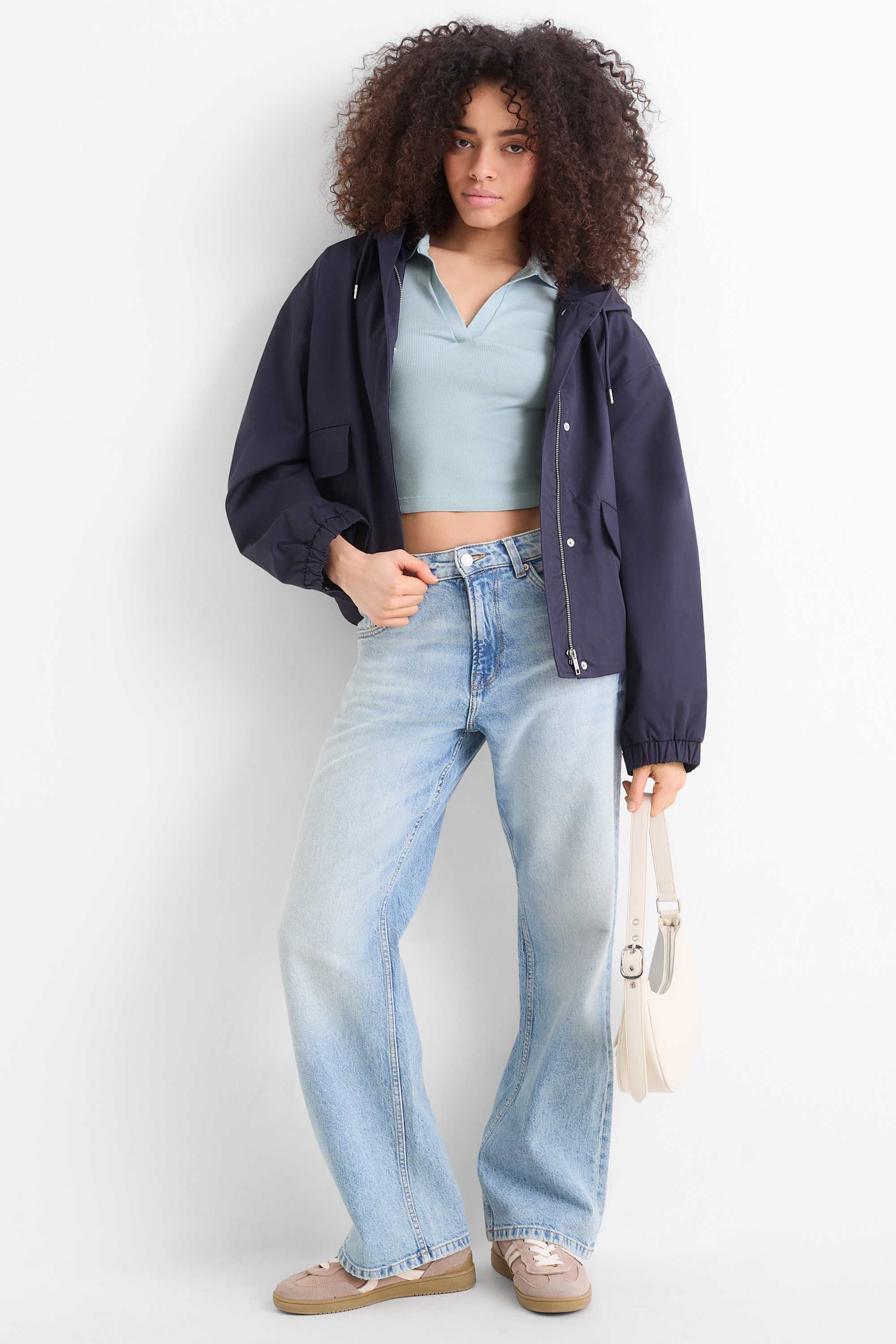 Cropped polo shirt - slim fit - ribbed light blue