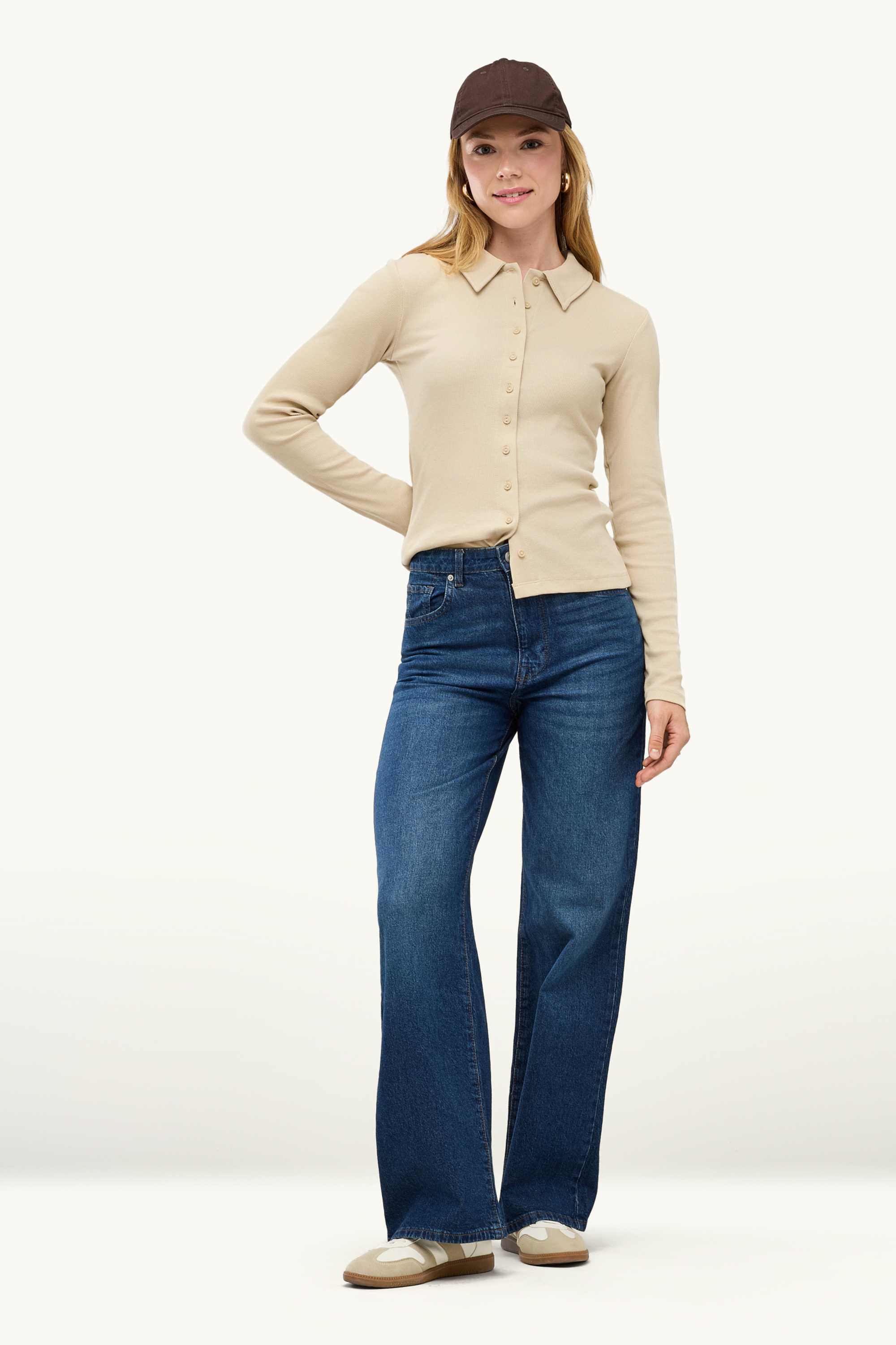 Long sleeve top - regular fit - ribbed beige